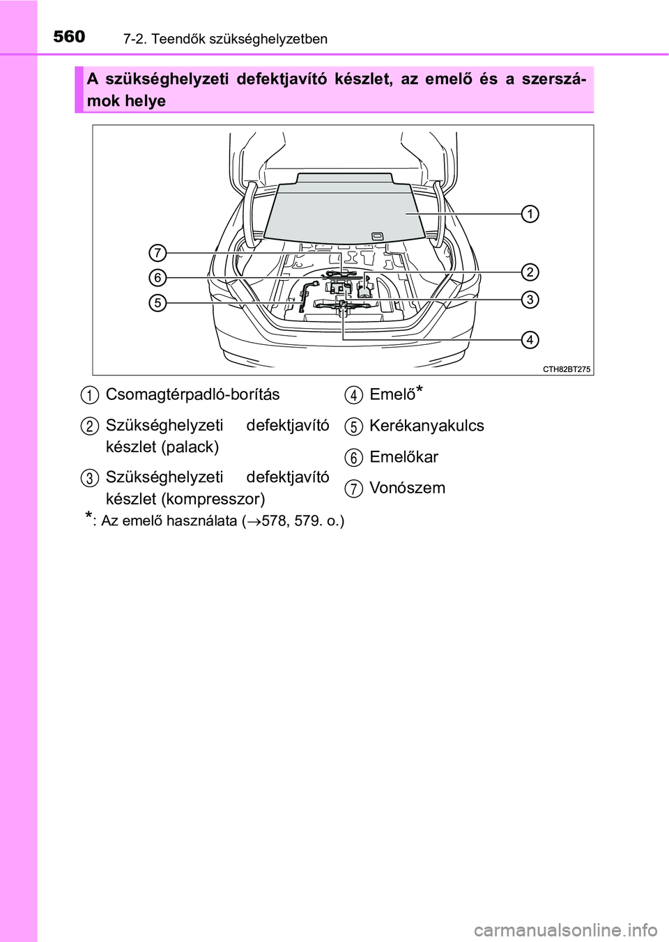 TOYOTA CAMRY 2019 Kezelési útmutató (in Hungarian) 5607-2. Teendők szükséghelyzetben
*: Az emelő használata (578, 579. o.)
A szükséghelyzeti defektjavító készlet, az emelő és a szerszá-
mok helye
Csomagtérpadló-borítás
Sz TOYOTA CAMRY 2019 Kezelési útmutató (in Hungarian) 5607-2. Teendők szükséghelyzetben
*: Az emelő használata (578, 579. o.)
A szükséghelyzeti defektjavító készlet, az emelő és a szerszá-
mok helye
Csomagtérpadló-borítás
Sz