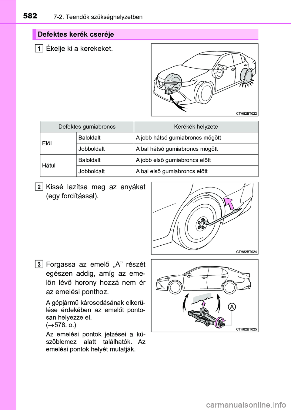 TOYOTA CAMRY 2019 Kezelési útmutató (in Hungarian) 5827-2. Teendők szükséghelyzetben
Ékelje ki a kerekeket.
Kissé lazítsa meg az anyákat
(egy fordítással).
Forgassa az emelő „A” részét
egészen addig, amíg az eme-
lőn l TOYOTA CAMRY 2019 Kezelési útmutató (in Hungarian) 5827-2. Teendők szükséghelyzetben
Ékelje ki a kerekeket.
Kissé lazítsa meg az anyákat
(egy fordítással).
Forgassa az emelő „A” részét
egészen addig, amíg az eme-
lőn l