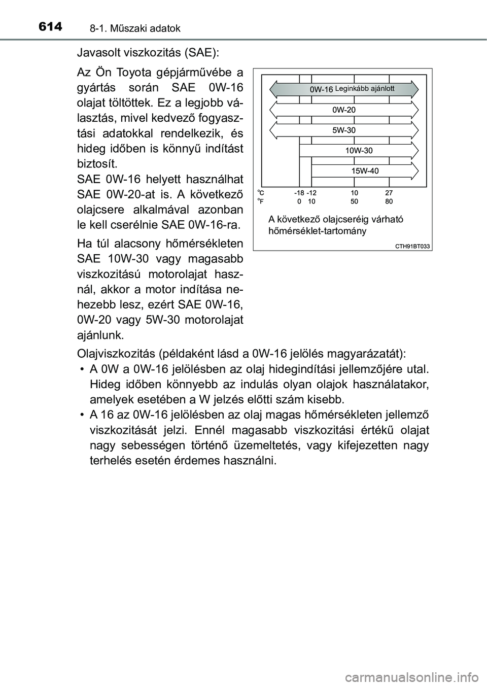 TOYOTA CAMRY 2019  Kezelési útmutató (in Hungarian) 6148-1. Műszaki adatok
Javasolt viszkozitás (SAE):
Az  Ön  Toyota  gépjárművébe  a
gyártás  során  SAE  0W-16
olajat töltöttek. Ez a legjobb vá-
lasztás, mivel kedvező fogyasz-
tási  a