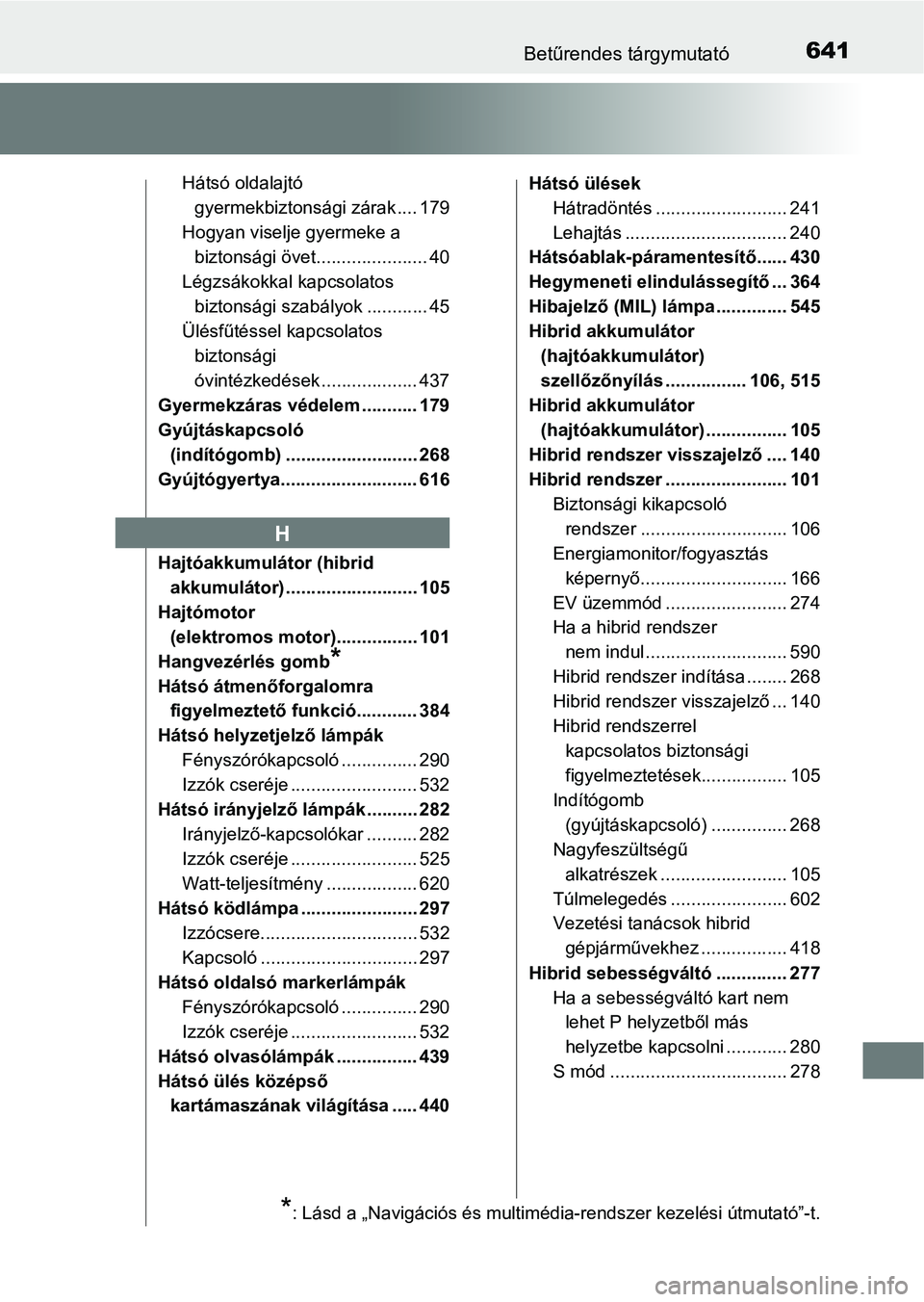 TOYOTA CAMRY 2019 Kezelési útmutató (in Hungarian) 641Betűrendes tárgymutató
Hátsó oldalajtó gyermekbiztonsági zárak .... 179
Hogyan viselje gyermeke a biztonsági övet...................... 40
Légzsákokkal kapcsolatos biztonsági szabál TOYOTA CAMRY 2019 Kezelési útmutató (in Hungarian) 641Betűrendes tárgymutató
Hátsó oldalajtó gyermekbiztonsági zárak .... 179
Hogyan viselje gyermeke a biztonsági övet...................... 40
Légzsákokkal kapcsolatos biztonsági szabál