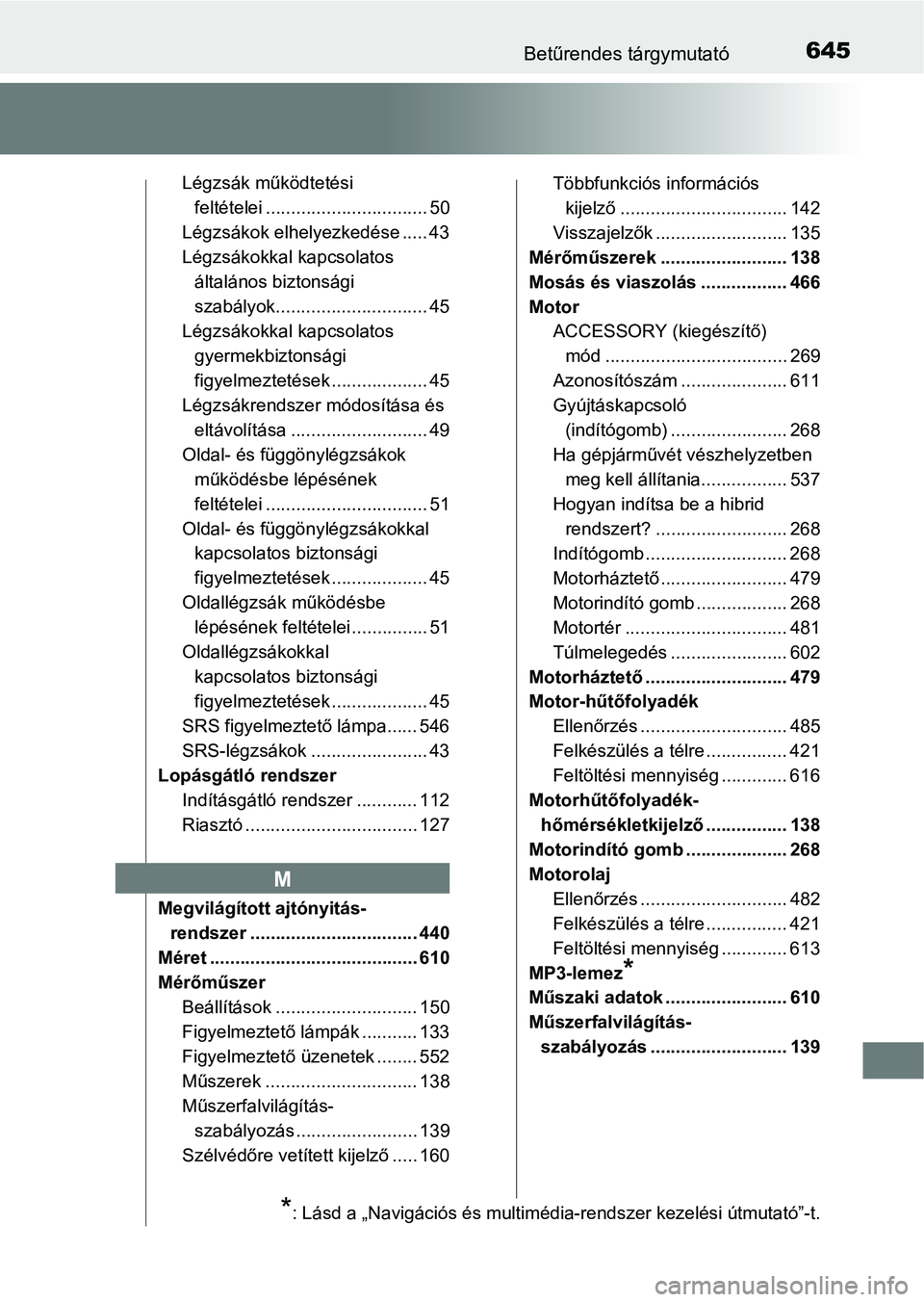 TOYOTA CAMRY 2019 Kezelési útmutató (in Hungarian) 645Betűrendes tárgymutató
Légzsák működtetési feltételei ................................ 50
Légzsákok elhelyezkedése ..... 43
Légzsákokkal kapcsolatos általános biztonsági
szabály TOYOTA CAMRY 2019 Kezelési útmutató (in Hungarian) 645Betűrendes tárgymutató
Légzsák működtetési feltételei ................................ 50
Légzsákok elhelyezkedése ..... 43
Légzsákokkal kapcsolatos általános biztonsági
szabály