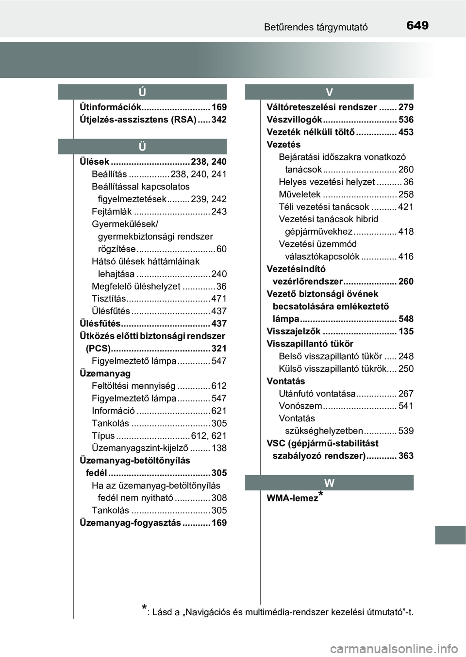 TOYOTA CAMRY 2019 Kezelési útmutató (in Hungarian) 649Betűrendes tárgymutató
Útinformációk........................... 169
Útjelzés-asszisztens (RSA) ..... 342
Ülések ............................... 238, 240Beállítás ................ 238, TOYOTA CAMRY 2019 Kezelési útmutató (in Hungarian) 649Betűrendes tárgymutató
Útinformációk........................... 169
Útjelzés-asszisztens (RSA) ..... 342
Ülések ............................... 238, 240Beállítás ................ 238,