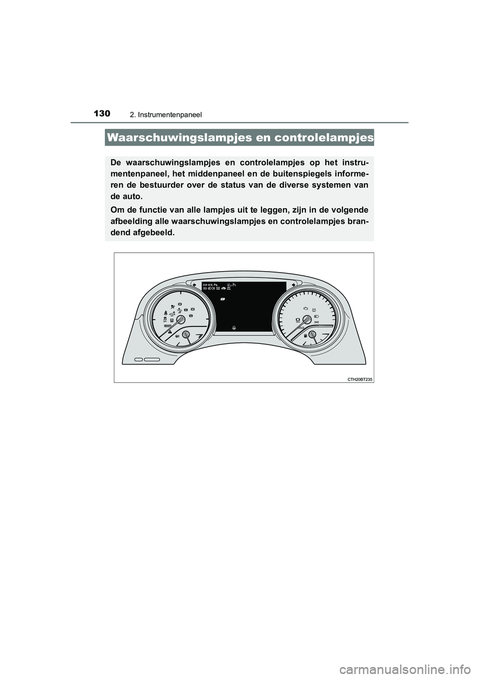TOYOTA CAMRY 2019  Instructieboekje (in Dutch) 130
CAMRY_HV_EE
2. Instrumentenpaneel
Waarschuwingslampjes en controlelampjes
De  waarschuwingslampjes  en  controlelampjes  op  het  instru-
mentenpaneel,  het  middenpaneel  en  de  buitenspiegels  