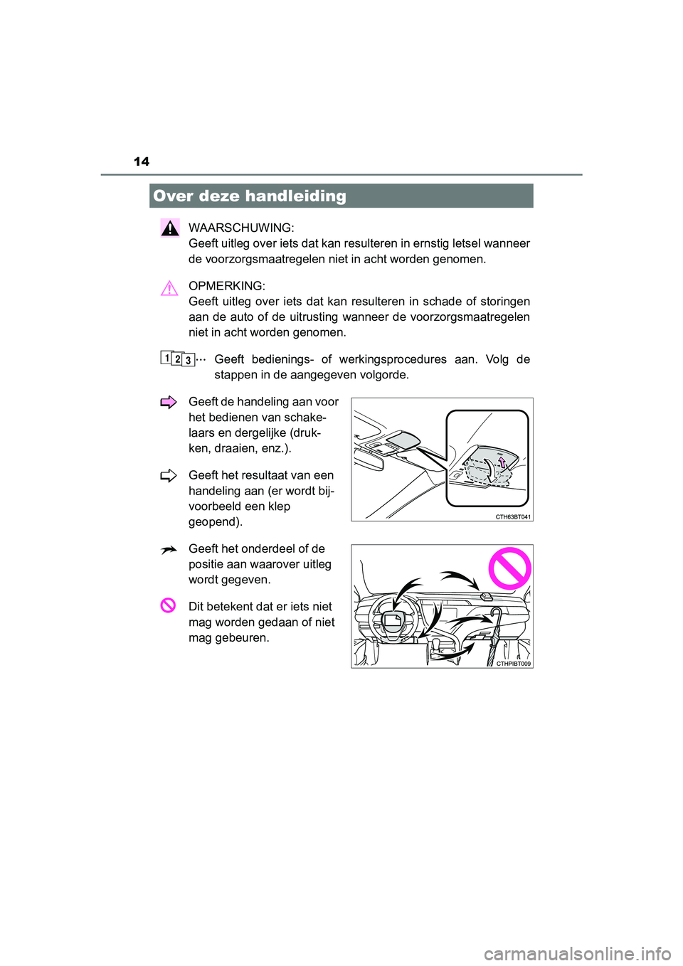 TOYOTA CAMRY 2019 Instructieboekje (in Dutch) 14
CAMRY_HV_EE
WAARSCHUWING:
Geeft uitleg over iets dat kan resulteren in ernstig letsel wanneer
de voorzorgsmaatregelen niet in acht worden genomen.
OPMERKING:
Geeft uitleg over iets dat kan TOYOTA CAMRY 2019 Instructieboekje (in Dutch) 14
CAMRY_HV_EE
WAARSCHUWING:
Geeft uitleg over iets dat kan resulteren in ernstig letsel wanneer
de voorzorgsmaatregelen niet in acht worden genomen.
OPMERKING:
Geeft uitleg over iets dat kan