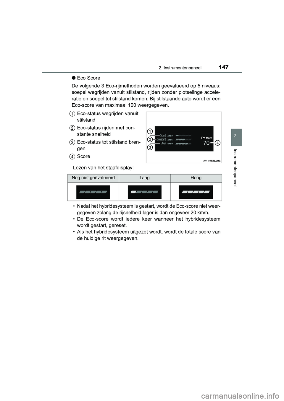 TOYOTA CAMRY 2019  Instructieboekje (in Dutch) 1472. Instrumentenpaneel
CAMRY_HV_EE
2
Instrumentenpaneel
●Eco Score
De volgende 3 Eco-rijmethoden wo rden geëvalueerd op 5 niveaus:
soepel  wegrijden  vanuit  stilsta nd,  rijden  zonder  plotseli