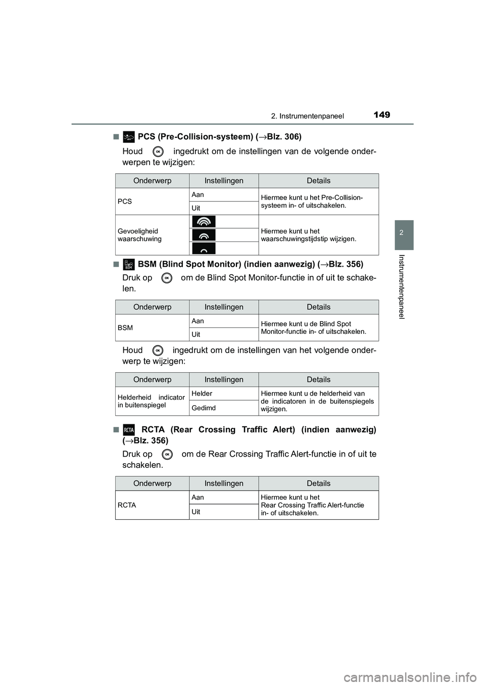 TOYOTA CAMRY 2019  Instructieboekje (in Dutch) 1492. Instrumentenpaneel
CAMRY_HV_EE
2
Instrumentenpaneel
■ PCS (Pre-Collision-systeem) (→Blz. 306)
Houd    ingedrukt  om  de  instellingen  van  de  volgende  onder-
werpen te wijzigen:
■ BSM (