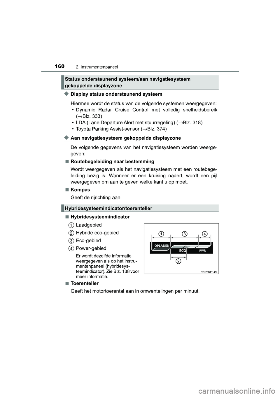 TOYOTA CAMRY 2019  Instructieboekje (in Dutch) 1602. Instrumentenpaneel
CAMRY_HV_EE
◆Display status ondersteunend systeem
Hiermee wordt de status van de volgende systemen weergegeven:
• Dynamic  Radar  Cruise  Control  met  volledig  snelheids