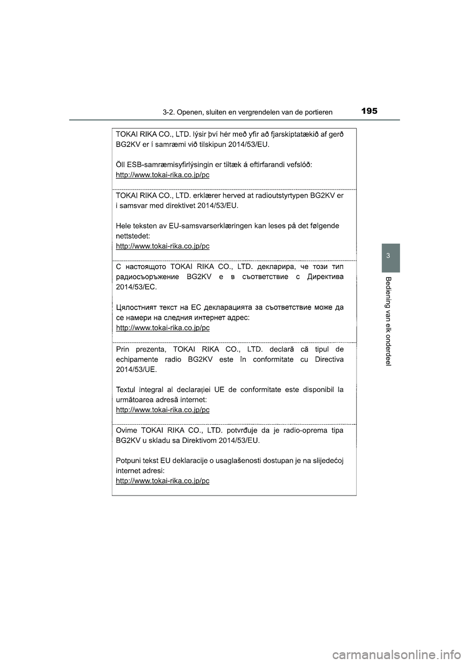 TOYOTA CAMRY 2019  Instructieboekje (in Dutch) 1953-2. Openen, sluiten en vergrendelen van de portieren
CAMRY_HV_EE
3
Bediening van elk onderdeel
CAMRY_HV_OM_Europe_OM33D66E .book  Page 195  Monday, January 28, 2019  8:33 AM 