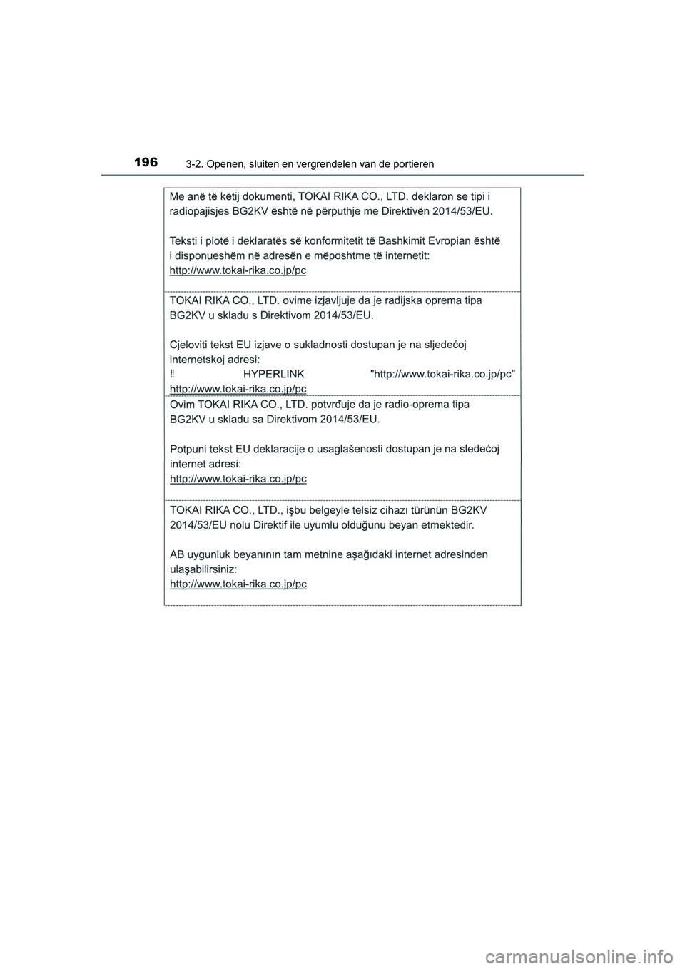 TOYOTA CAMRY 2019  Instructieboekje (in Dutch) 1963-2. Openen, sluiten en vergrendelen van de portieren
CAMRY_HV_EE
CAMRY_HV_OM_Europe_OM33D66E.book  Page 196  Monday, January 28, 2019  8:33 AM 