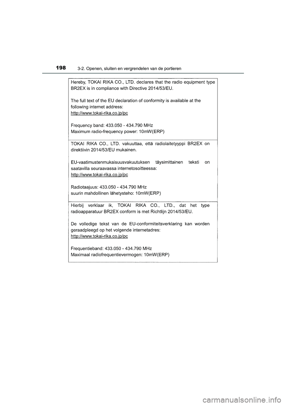 TOYOTA CAMRY 2019  Instructieboekje (in Dutch) 1983-2. Openen, sluiten en vergrendelen van de portieren
CAMRY_HV_EE
CAMRY_HV_OM_Europe_OM33D66E.book  Page 198  Monday, January 28, 2019  8:33 AM 