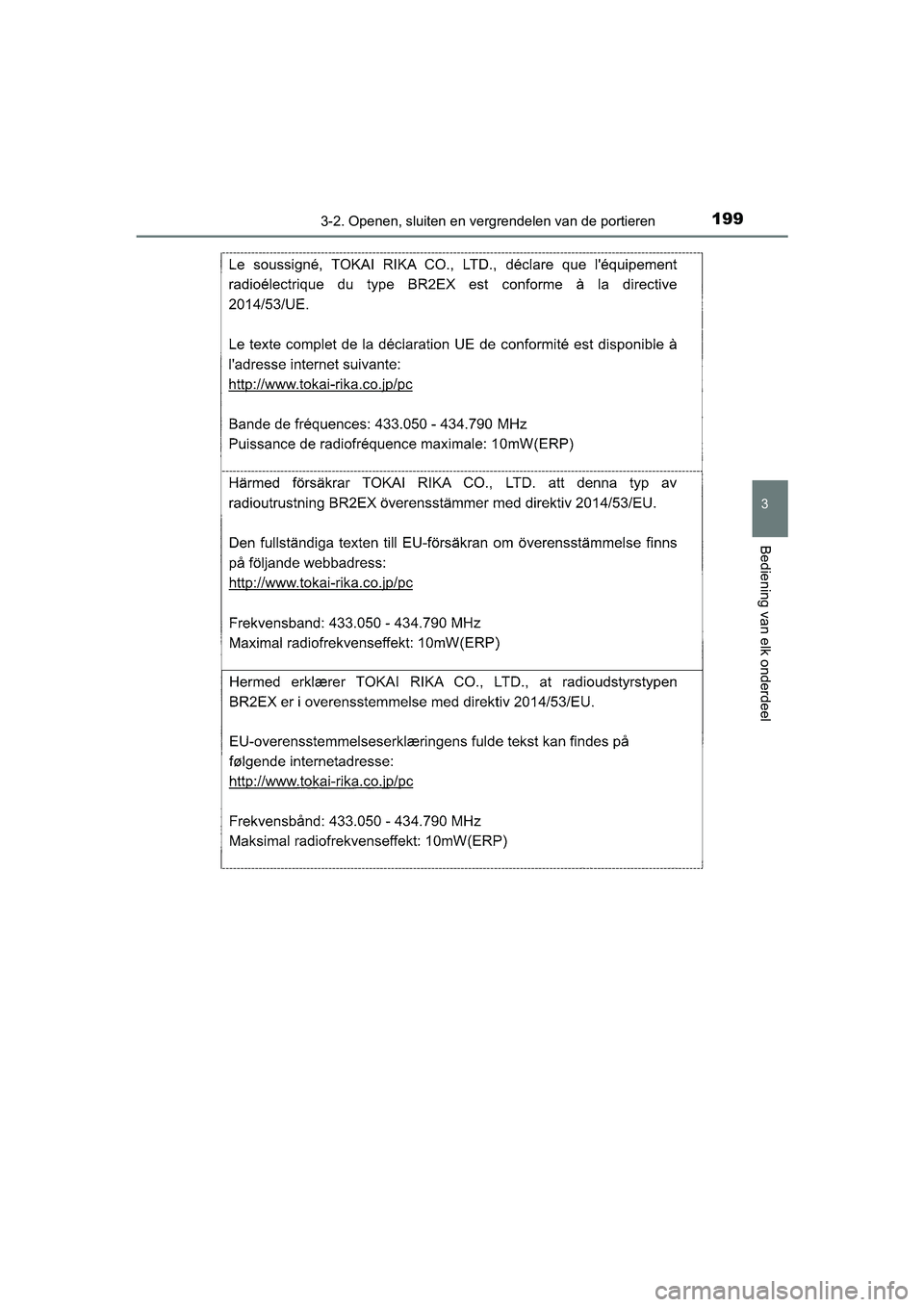 TOYOTA CAMRY 2019  Instructieboekje (in Dutch) 1993-2. Openen, sluiten en vergrendelen van de portieren
CAMRY_HV_EE
3
Bediening van elk onderdeel
CAMRY_HV_OM_Europe_OM33D66E .book  Page 199  Monday, January 28, 2019  8:33 AM 
