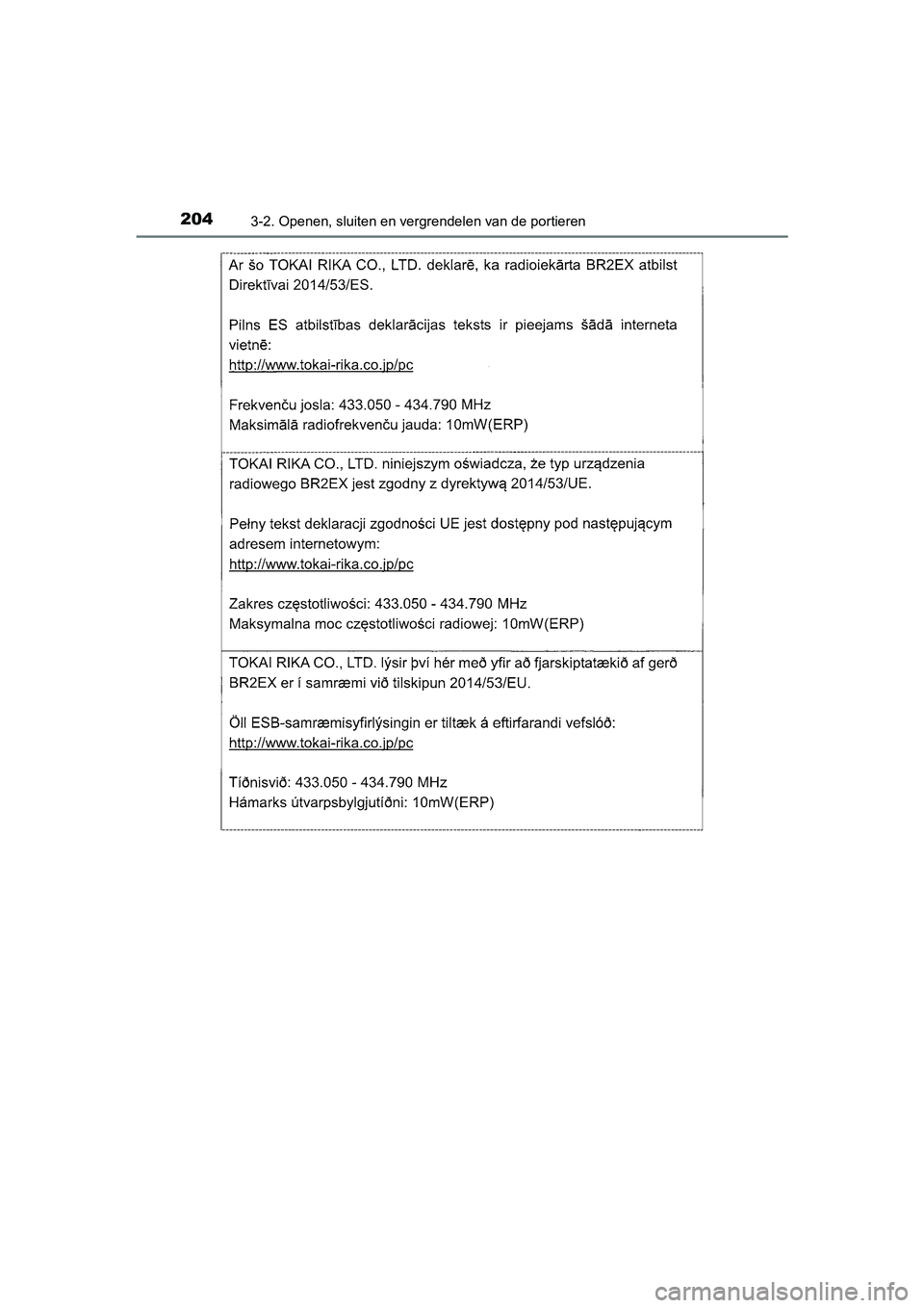 TOYOTA CAMRY 2019  Instructieboekje (in Dutch) 2043-2. Openen, sluiten en vergrendelen van de portieren
CAMRY_HV_EE
CAMRY_HV_OM_Europe_OM33D66E.book  Page 204  Monday, January 28, 2019  8:33 AM 