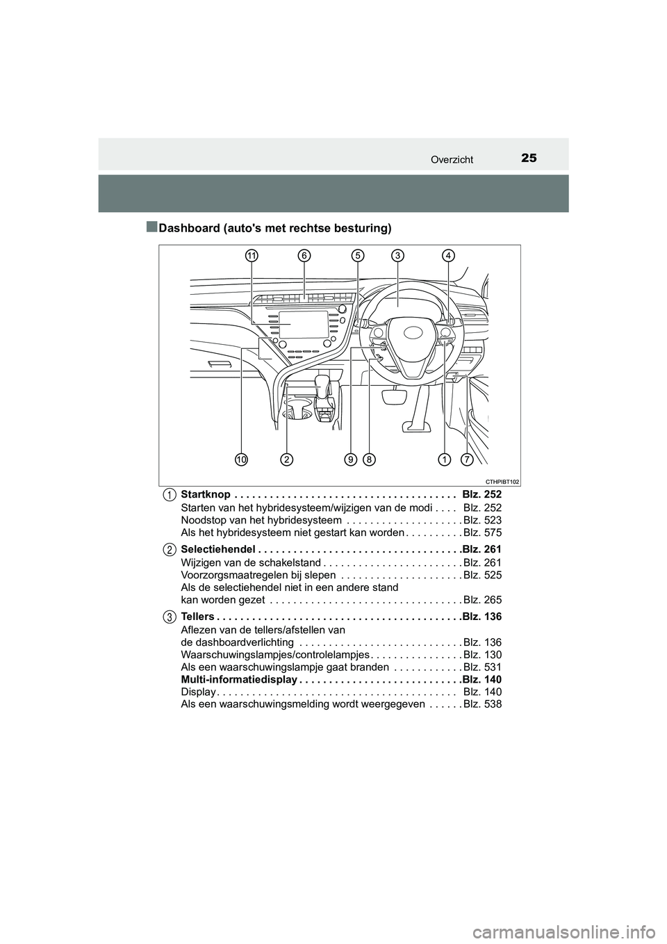 TOYOTA CAMRY 2019 Instructieboekje (in Dutch) 25Overzicht
CAMRY_HV_EE
■Dashboard (auto's met rechtse besturing)
Startknop . . . . . . . . . . . . . . . . . . . . . . . . . . . . . . . . . . . . . . Blz. 252
Starten van het hybridesysteem/ TOYOTA CAMRY 2019 Instructieboekje (in Dutch) 25Overzicht
CAMRY_HV_EE
■Dashboard (auto's met rechtse besturing)
Startknop . . . . . . . . . . . . . . . . . . . . . . . . . . . . . . . . . . . . . . Blz. 252
Starten van het hybridesysteem/