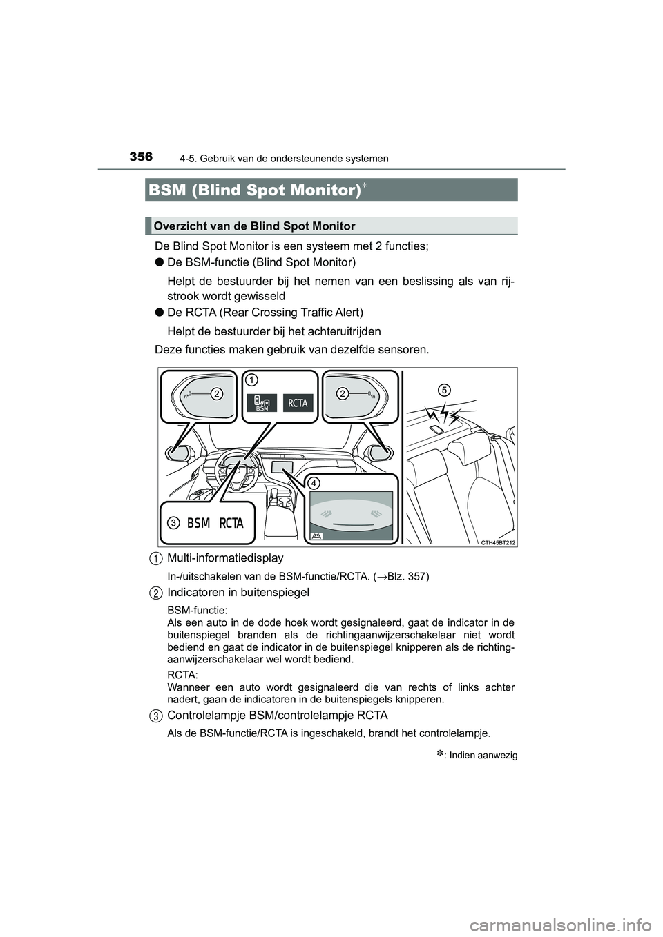 TOYOTA CAMRY 2019  Instructieboekje (in Dutch) 3564-5. Gebruik van de ondersteunende systemen
CAMRY_HV_EE
De Blind Spot Monitor is een systeem met 2 functies;
● De BSM-functie (Bli nd Spot Monitor)
Helpt  de  bestuurder  bij  het  nemen  van  ee