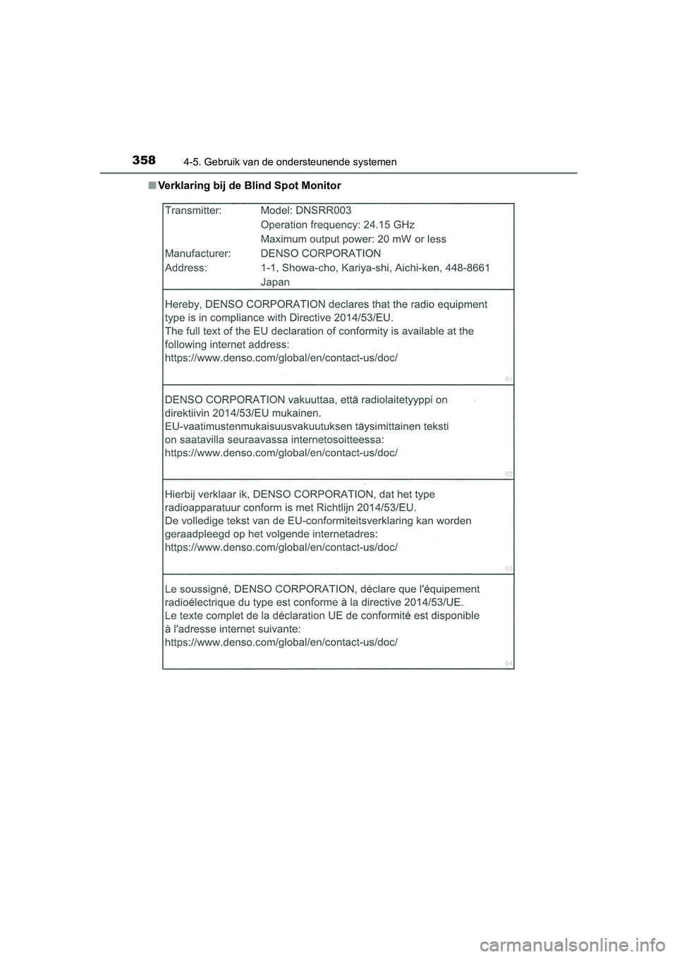 TOYOTA CAMRY 2019  Instructieboekje (in Dutch) 3584-5. Gebruik van de ondersteunende systemen
CAMRY_HV_EE■
Verklaring bij de Blind Spot Monitor
CAMRY_HV_OM_Europe_OM33D66E .book  Page 358  Monday, January 28, 2019  8:33 AM 