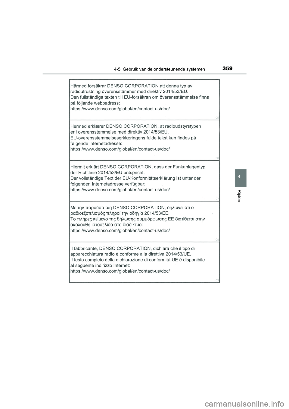 TOYOTA CAMRY 2019  Instructieboekje (in Dutch) 3594-5. Gebruik van de ondersteunende systemen
CAMRY_HV_EE
4
Rijden
CAMRY_HV_OM_Europe_OM33D66E.book  Page 359  Monday, January 28, 2019  8:33 AM 