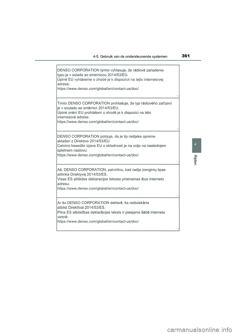 TOYOTA CAMRY 2019  Instructieboekje (in Dutch) 3614-5. Gebruik van de ondersteunende systemen
CAMRY_HV_EE
4
Rijden
CAMRY_HV_OM_Europe_OM33D66E.book  Page 361  Monday, January 28, 2019  8:33 AM 