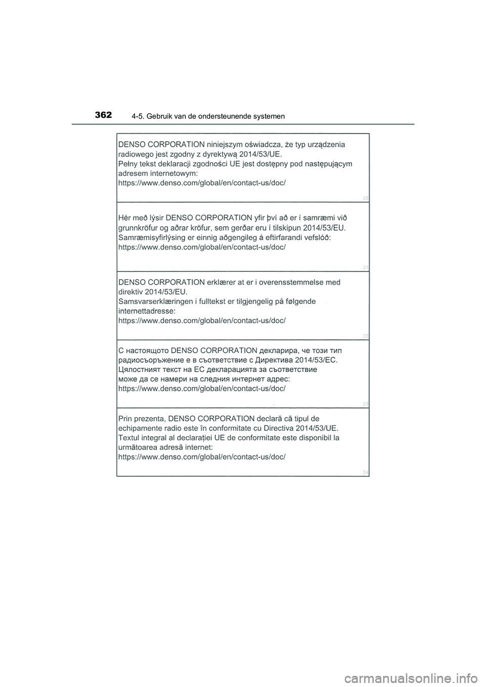 TOYOTA CAMRY 2019  Instructieboekje (in Dutch) 3624-5. Gebruik van de ondersteunende systemen
CAMRY_HV_EE
CAMRY_HV_OM_Europe_OM33D66E.book  Page 362  Monday, January 28, 2019  8:33 AM 