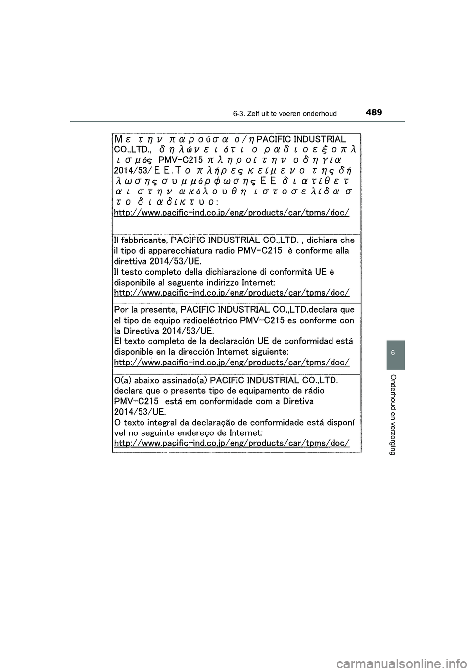 TOYOTA CAMRY 2019  Instructieboekje (in Dutch) 4896-3. Zelf uit te voeren onderhoud
CAMRY_HV_EE
6
Onderhoud en verzorging
CAMRY_HV_OM_Europe_OM33D66E .book  Page 489  Monday, January 28, 2019  8:33 AM 