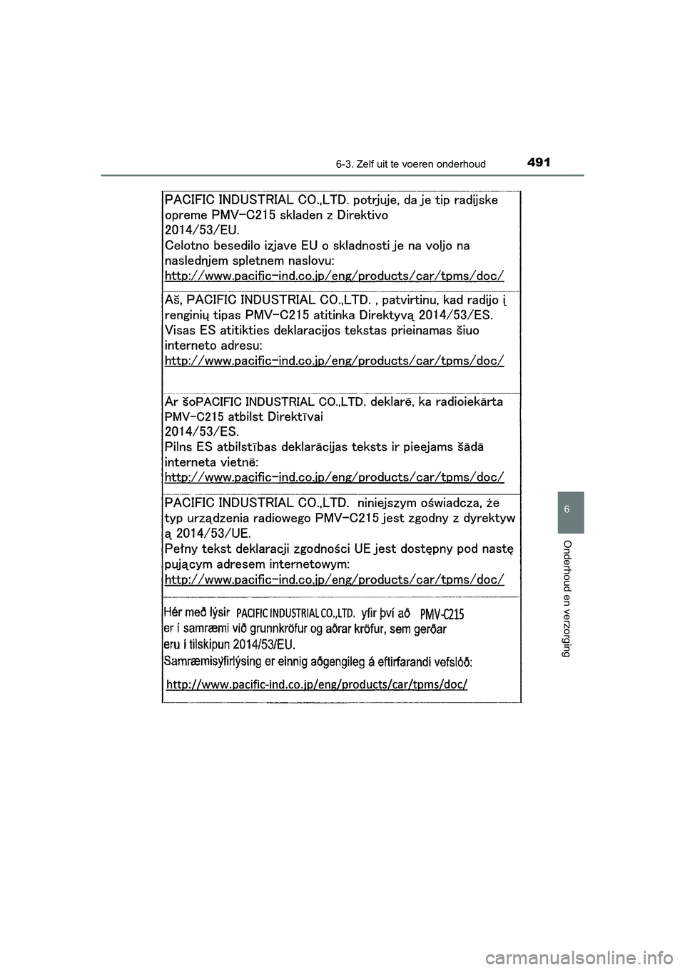 TOYOTA CAMRY 2019  Instructieboekje (in Dutch) 4916-3. Zelf uit te voeren onderhoud
CAMRY_HV_EE
6
Onderhoud en verzorging
CAMRY_HV_OM_Europe_OM33D66E .book  Page 491  Monday, January 28, 2019  8:33 AM 