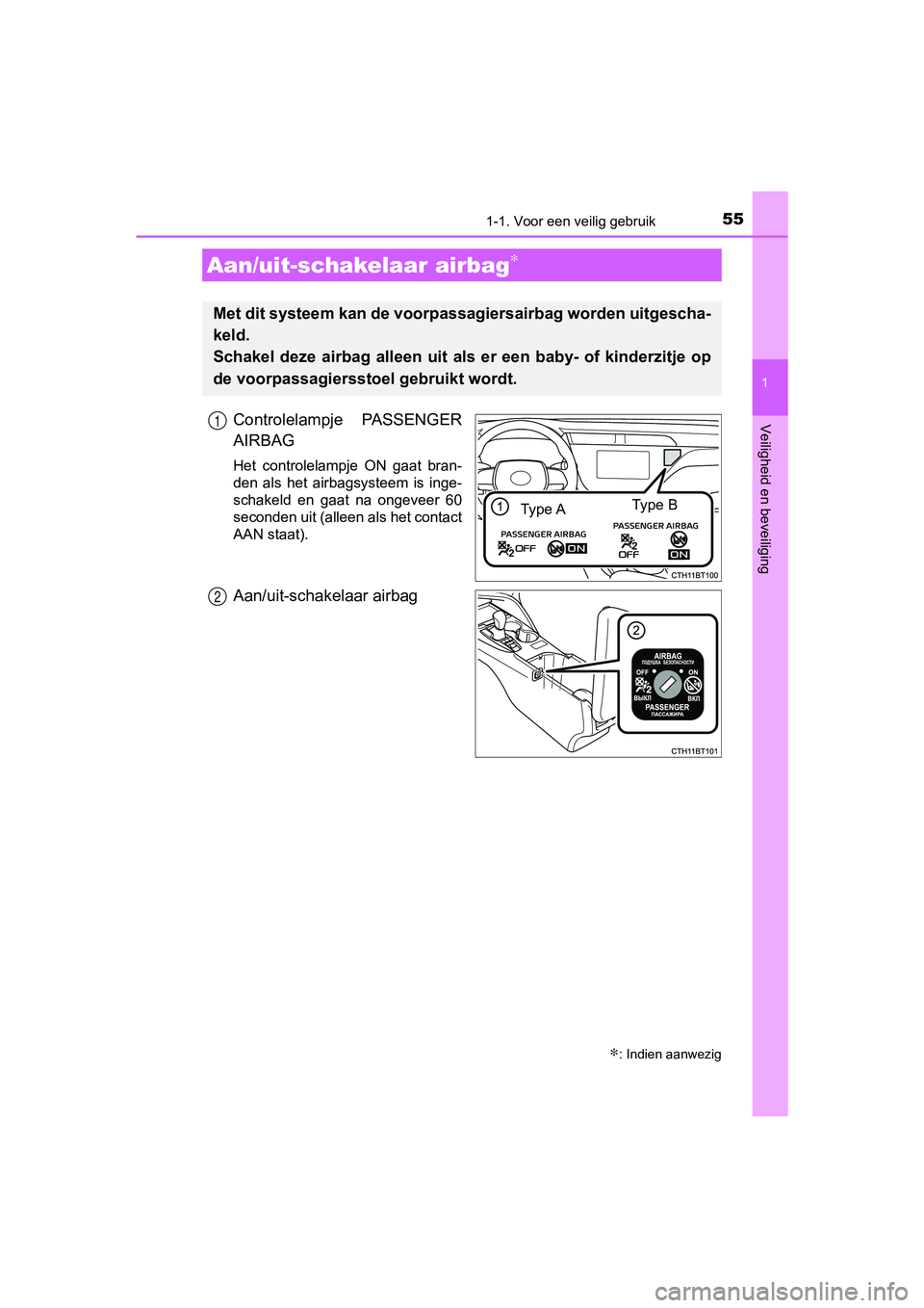 TOYOTA CAMRY 2019  Instructieboekje (in Dutch) 551-1. Voor een veilig gebruik
1
Veiligheid en beveiliging
CAMRY_HV_EE
Controlelampje  PASSENGER
AIRBAG
Het  controlelampje  ON  gaat  bran-
den  als  het  airbagsysteem  is  inge-
schakeld  en  gaat 