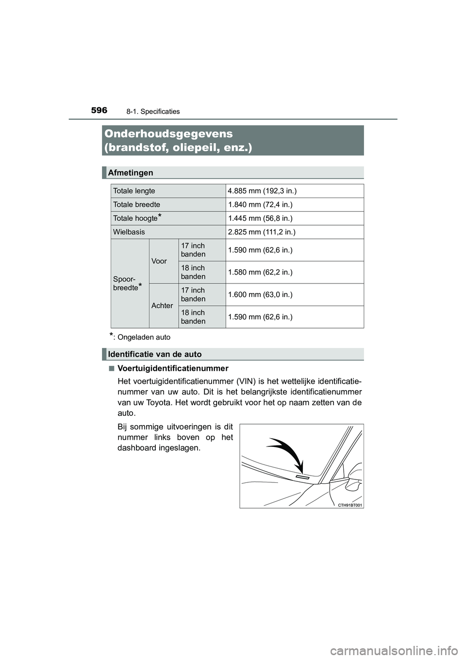TOYOTA CAMRY 2019  Instructieboekje (in Dutch) 596
CAMRY_HV_EE
8-1. Specificaties
*: Ongeladen auto
■
Voertuigidentificatienummer
Het  voertuigidentificatienummer   (VIN)  is  het  wettelijke  identificatie-
nummer  van  uw  auto.  Dit  is  het 