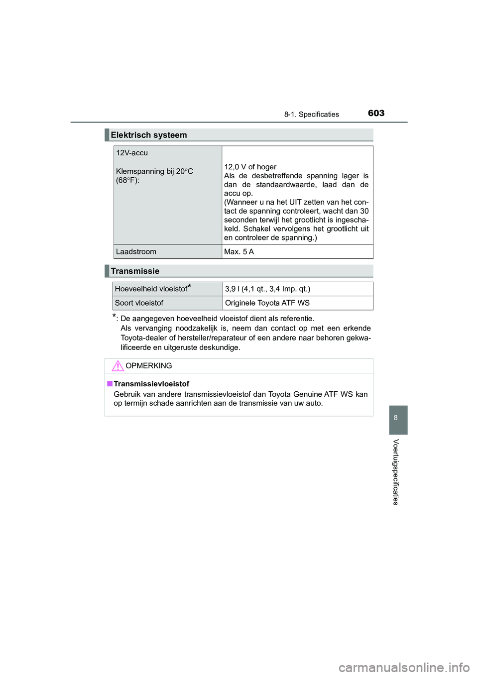 TOYOTA CAMRY 2019  Instructieboekje (in Dutch) 6038-1. Specificaties
CAMRY_HV_EE
8
Voertuigspecificaties
*: De aangegeven hoeveelheid vloeistof dient als referentie. Als  vervanging  noodzakelijk  is,  neem  dan  contact  op  met  een  erk ende
To