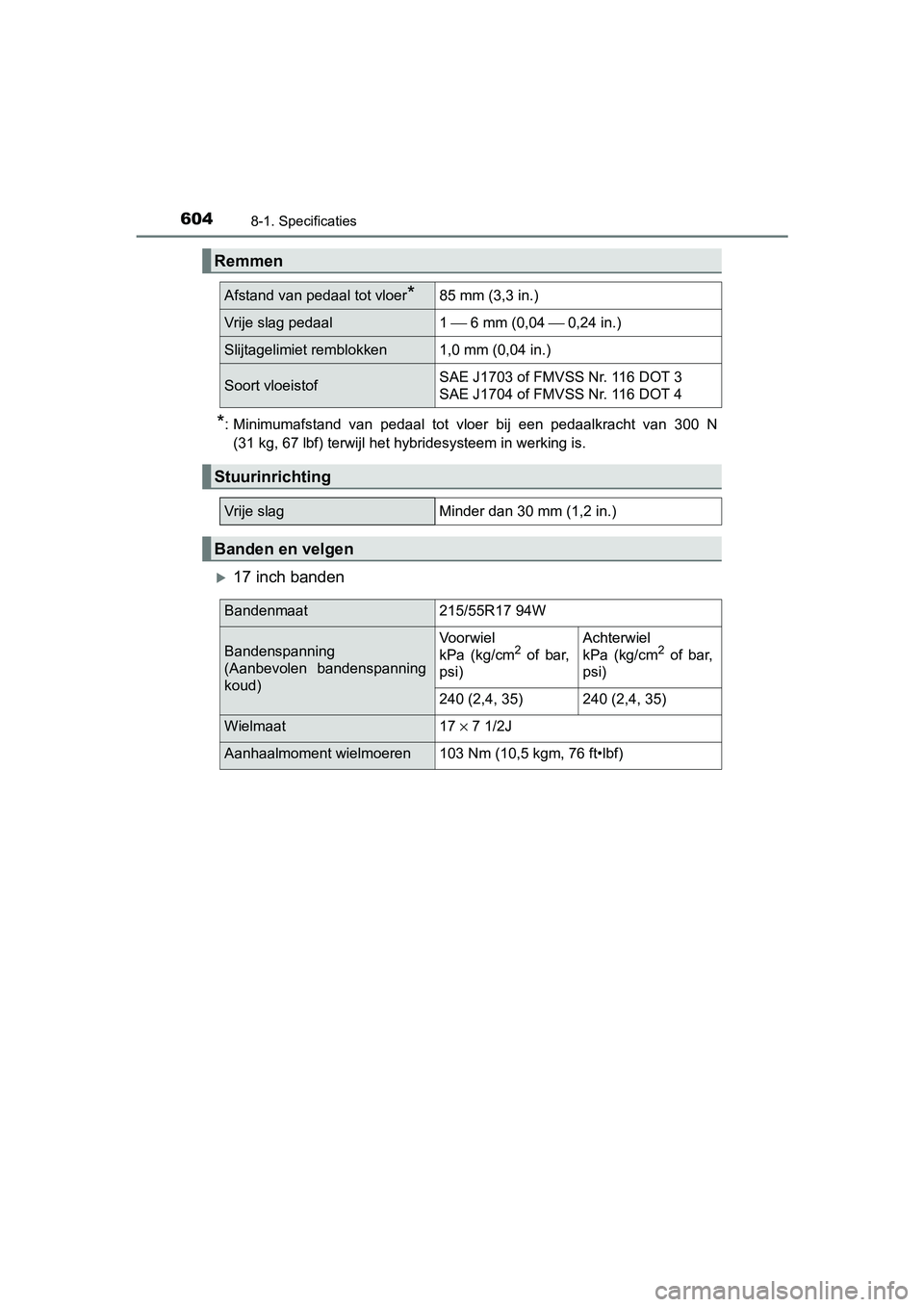TOYOTA CAMRY 2019  Instructieboekje (in Dutch) 6048-1. Specificaties
CAMRY_HV_EE
*: Minimumafstand  van  pedaal  tot  vloer  bij  een  pedaalkracht  van  300  N
(31 kg, 67 lbf) terwijl het hybridesysteem in werking is.
17 inch banden 
Remmen
Af