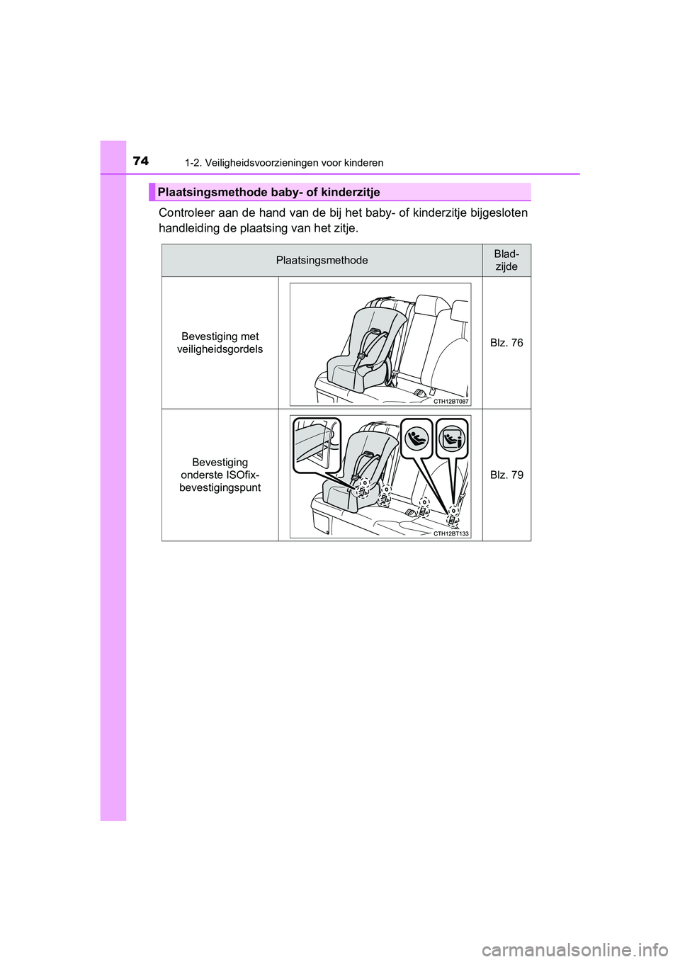 TOYOTA CAMRY 2019  Instructieboekje (in Dutch) 741-2. Veiligheidsvoorzieningen voor kinderen
CAMRY_HV_EE
Controleer aan de hand van de bij het baby- of kinderzitje bijgesloten
handleiding de plaatsing van het zitje.
Plaatsingsmethode ba by- of kin