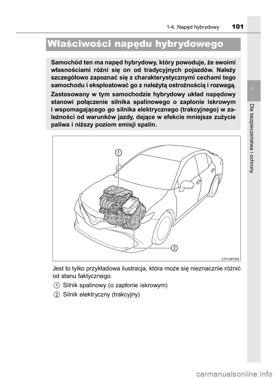 TOYOTA CAMRY 2019  Instrukcja obsługi (in Polish) Jest to tylko przyk∏adowa ilustracja, która mo˝e si´ nieznacznie ró˝niç
od stanu faktycznego.
Silnik spalinowy (o zap∏onie iskrowym)
Silnik elektryczny (trakcyjny)
1-4. Nap´d hybrydowy101
1