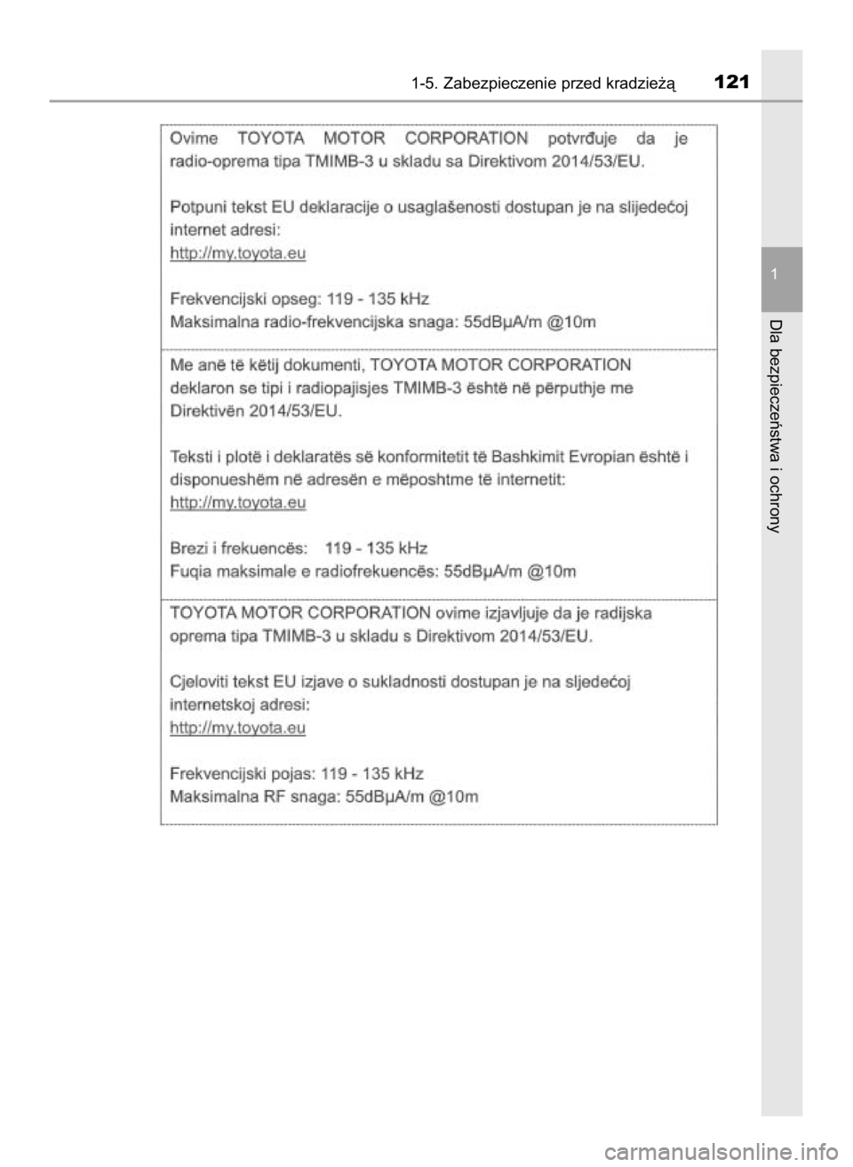 TOYOTA CAMRY 2019  Instrukcja obsługi (in Polish) 1-5. Zabezpieczenie przed kradzie˝à121
1
Dla bezpieczeƒstwa i ochrony
16 Camry HV OM33E11E +  3/11/20  8:33 AM  Page 121    (Black plate) 