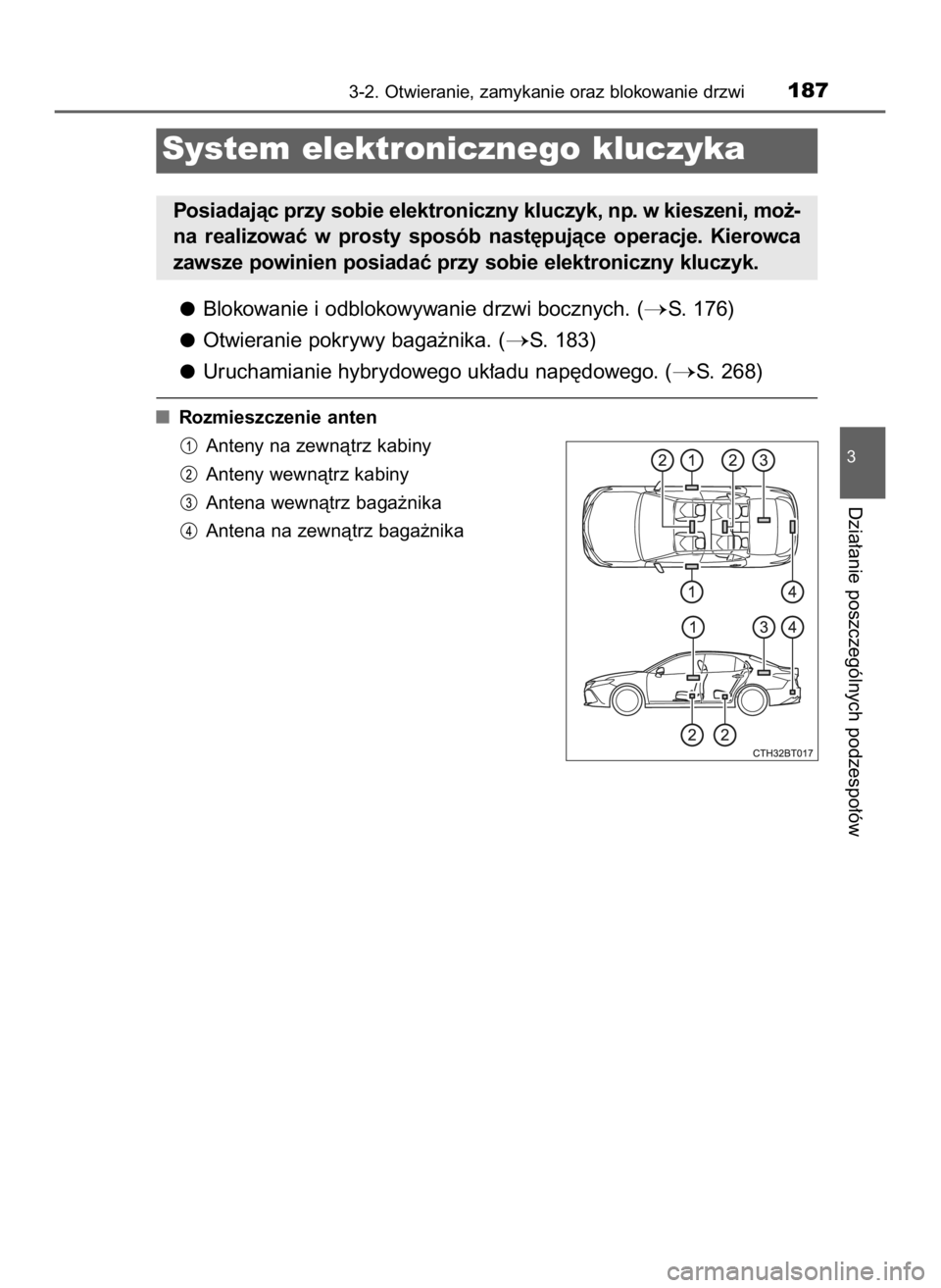 TOYOTA CAMRY 2019  Instrukcja obsługi (in Polish) Blokowanie i odblokowywanie drzwi bocznych. (S. 176)
Otwieranie pokrywy baga˝nika. (
S. 183)
Uruchamianie hybrydowego uk∏adu nap´dowego. (
S. 268)
Rozmieszczenie anten
Anteny na zewnàtrz kabin