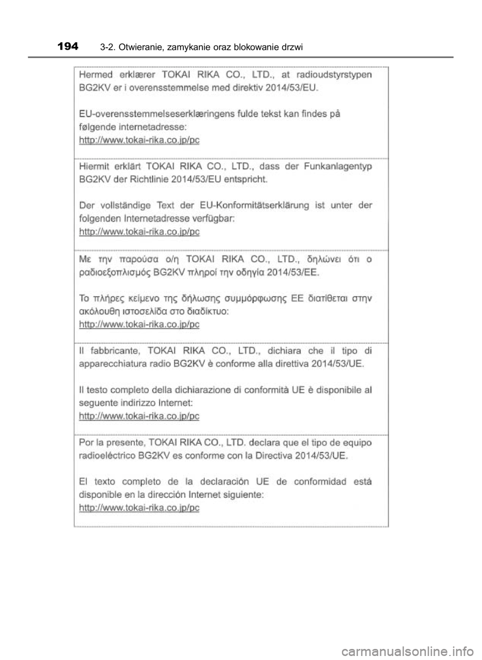 TOYOTA CAMRY 2019  Instrukcja obsługi (in Polish) 1943-2. Otwieranie, zamykanie oraz blokowanie drzwi
16 Camry HV OM33E11E +  3/11/20  8:34 AM  Page 194    (Black plate) 