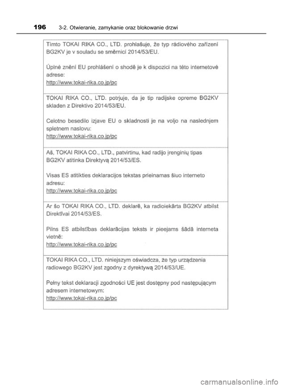 TOYOTA CAMRY 2019  Instrukcja obsługi (in Polish) 1963-2. Otwieranie, zamykanie oraz blokowanie drzwi
16 Camry HV OM33E11E +  3/11/20  8:34 AM  Page 196    (Black plate) 