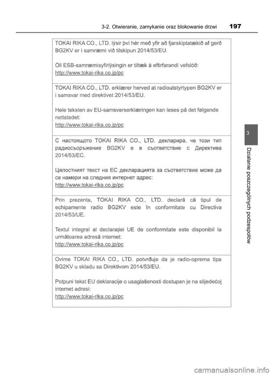 TOYOTA CAMRY 2019  Instrukcja obsługi (in Polish) 3-2. Otwieranie, zamykanie oraz blokowanie drzwi197
3
Dzia∏anie poszczególnych podzespo∏ów
16 Camry HV OM33E11E +  3/11/20  8:34 AM  Page 197    (Black plate) 