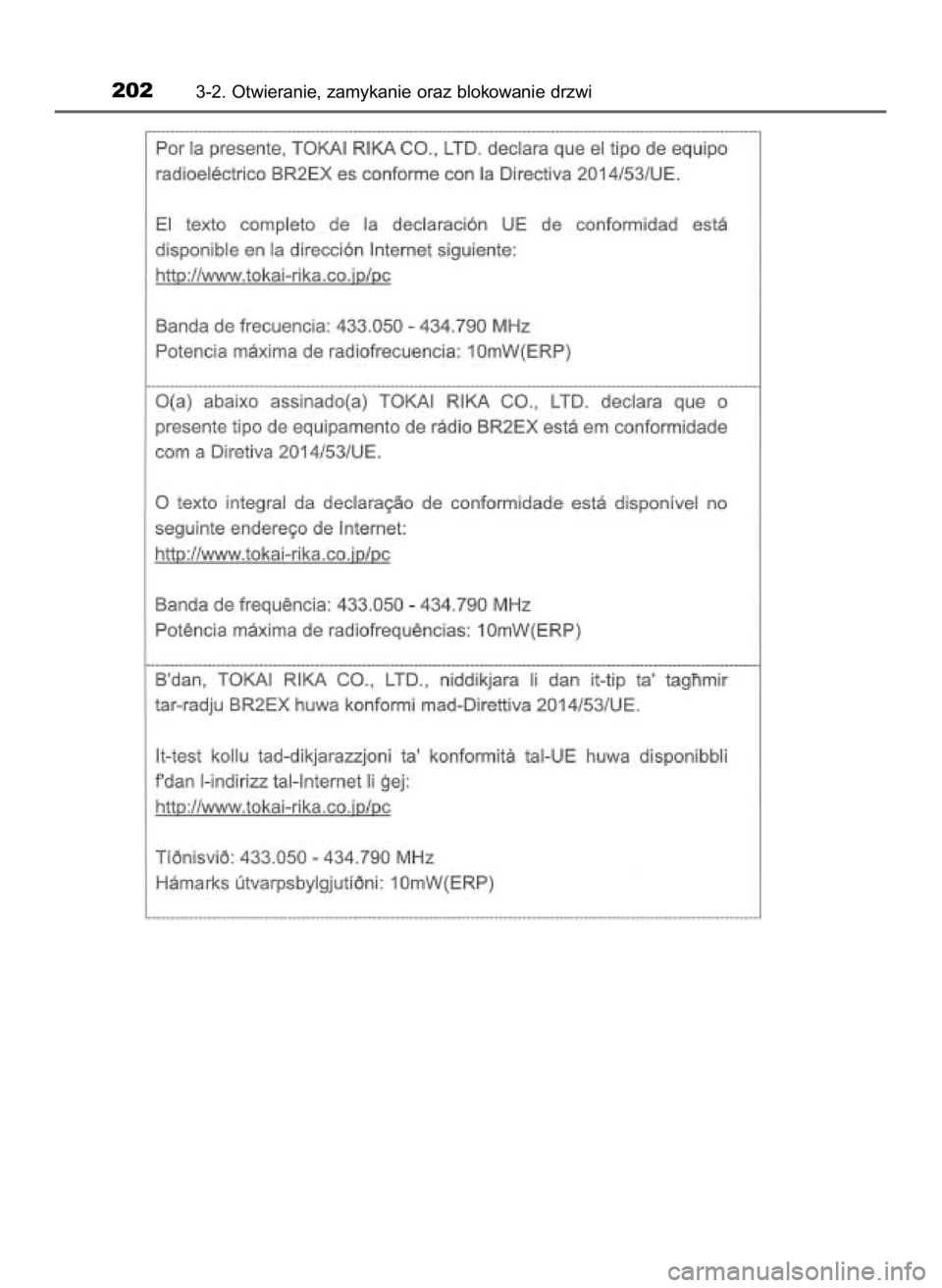TOYOTA CAMRY 2019  Instrukcja obsługi (in Polish) 2023-2. Otwieranie, zamykanie oraz blokowanie drzwi
16 Camry HV OM33E11E +  3/11/20  8:34 AM  Page 202    (Black plate) 