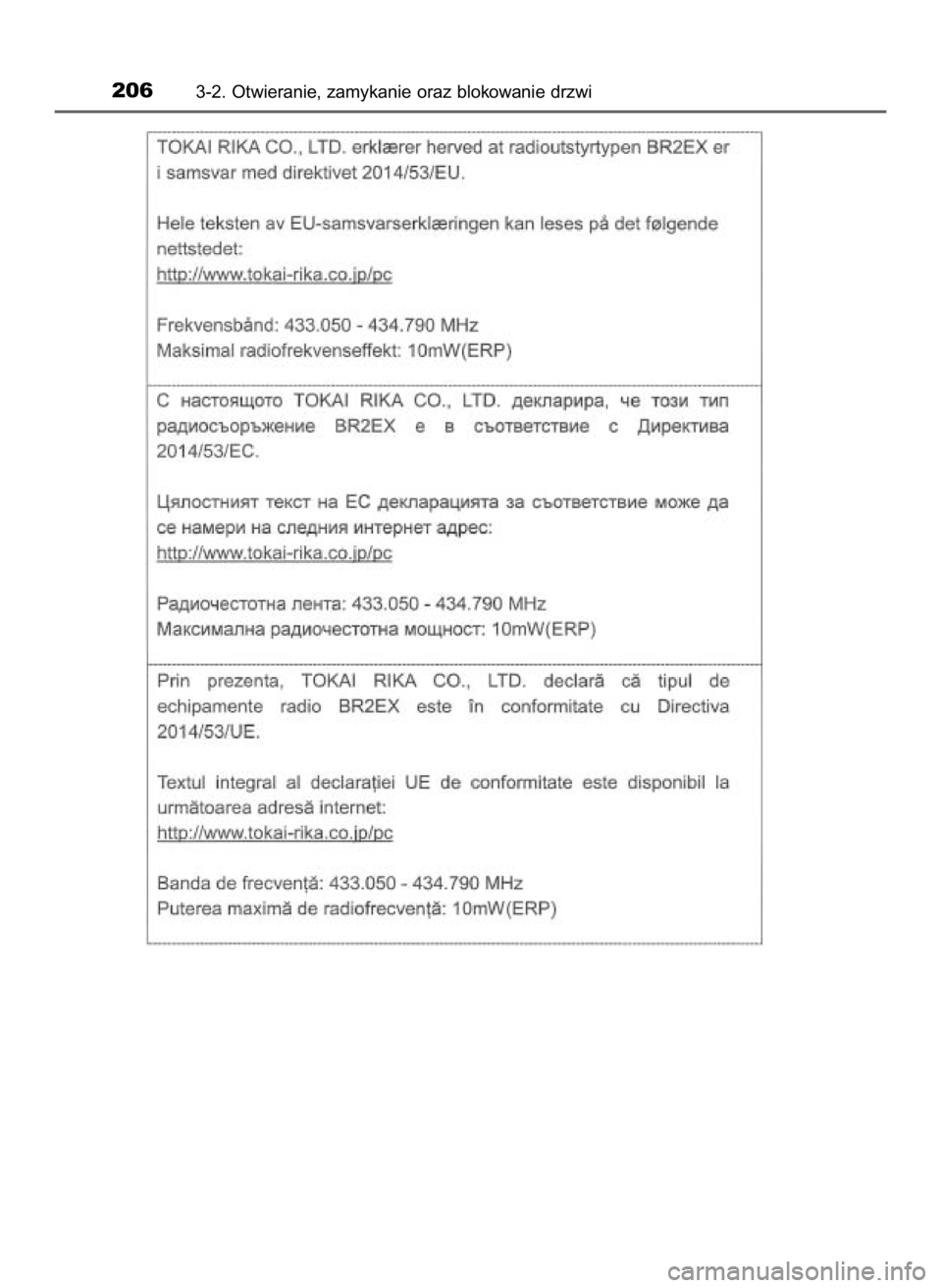 TOYOTA CAMRY 2019  Instrukcja obsługi (in Polish) 2063-2. Otwieranie, zamykanie oraz blokowanie drzwi
16 Camry HV OM33E11E +  3/11/20  8:34 AM  Page 206    (Black plate) 
