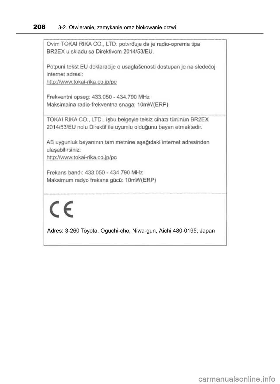 TOYOTA CAMRY 2019  Instrukcja obsługi (in Polish) 2083-2. Otwieranie, zamykanie oraz blokowanie drzwi
Adres: 3-260 Toyota, Oguchi-cho, Niwa-gun, Aichi 480-0195, Japan
16 Camry HV OM33E11E +  3/11/20  8:34 AM  Page 208    (Black plate) 
