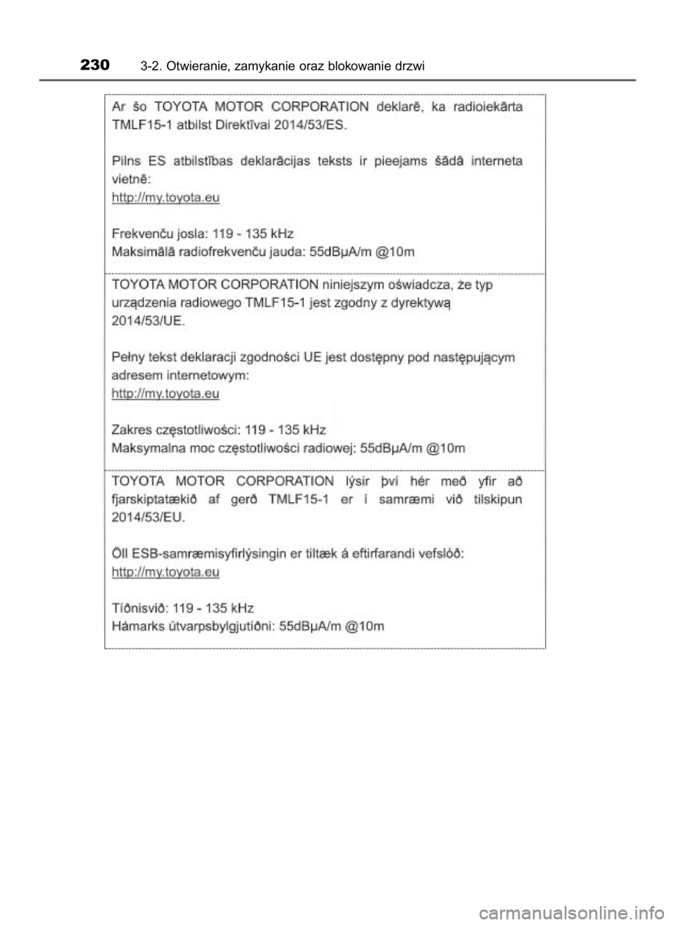 TOYOTA CAMRY 2019  Instrukcja obsługi (in Polish) 2303-2. Otwieranie, zamykanie oraz blokowanie drzwi
16 Camry HV OM33E11E +  3/11/20  8:34 AM  Page 230    (Black plate) 