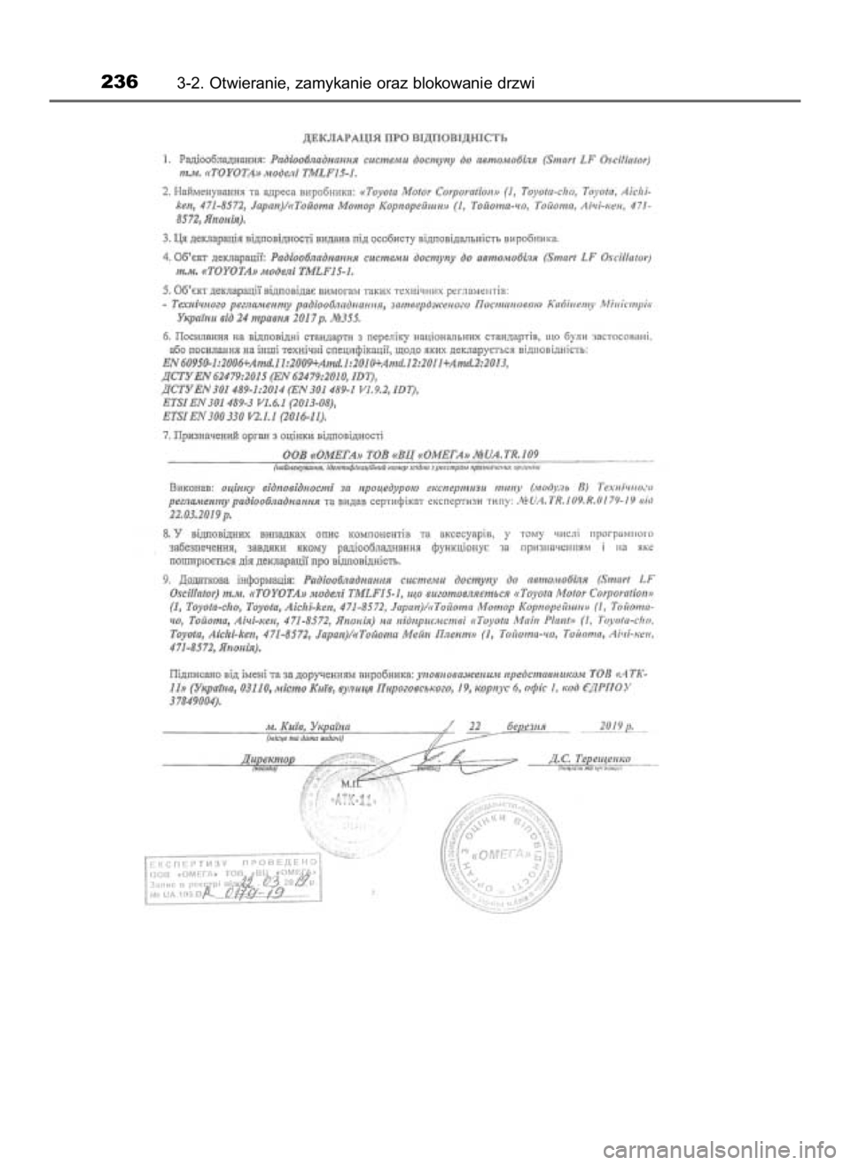 TOYOTA CAMRY 2019  Instrukcja obsługi (in Polish) 2363-2. Otwieranie, zamykanie oraz blokowanie drzwi
16 Camry HV OM33E11E +  3/11/20  8:34 AM  Page 236    (Black plate) 
