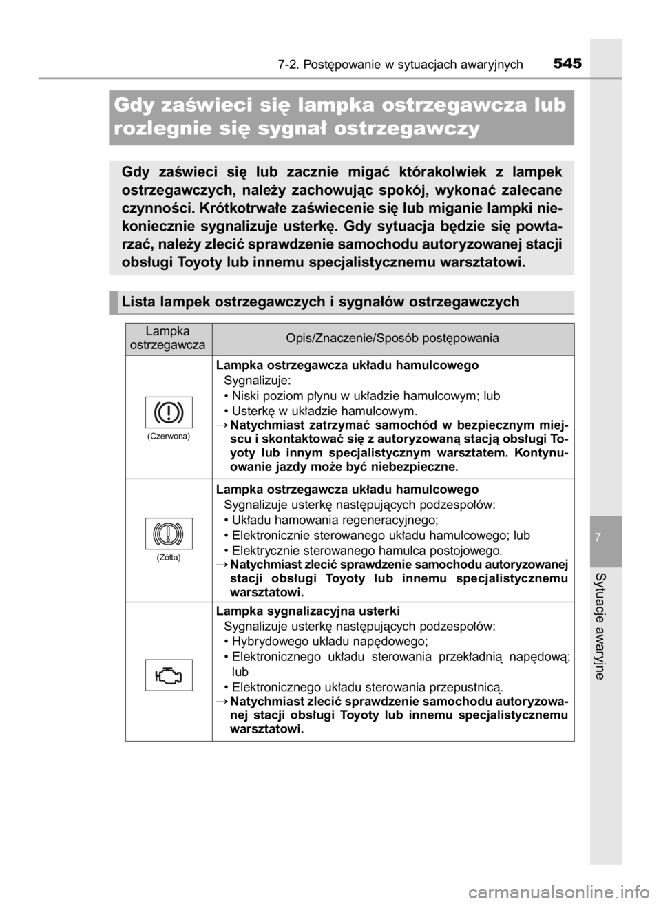 TOYOTA CAMRY 2019  Instrukcja obsługi (in Polish) 7-2. Post´powanie w sytuacjach awaryjnych545
7
Sytuacje awaryjne
Lampka ostrzegawcza uk∏adu hamulcowego
Sygnalizuje:
• Niski poziom p∏ynu w uk∏adzie hamulcowym; lub
• Usterk´ w uk∏adzie 