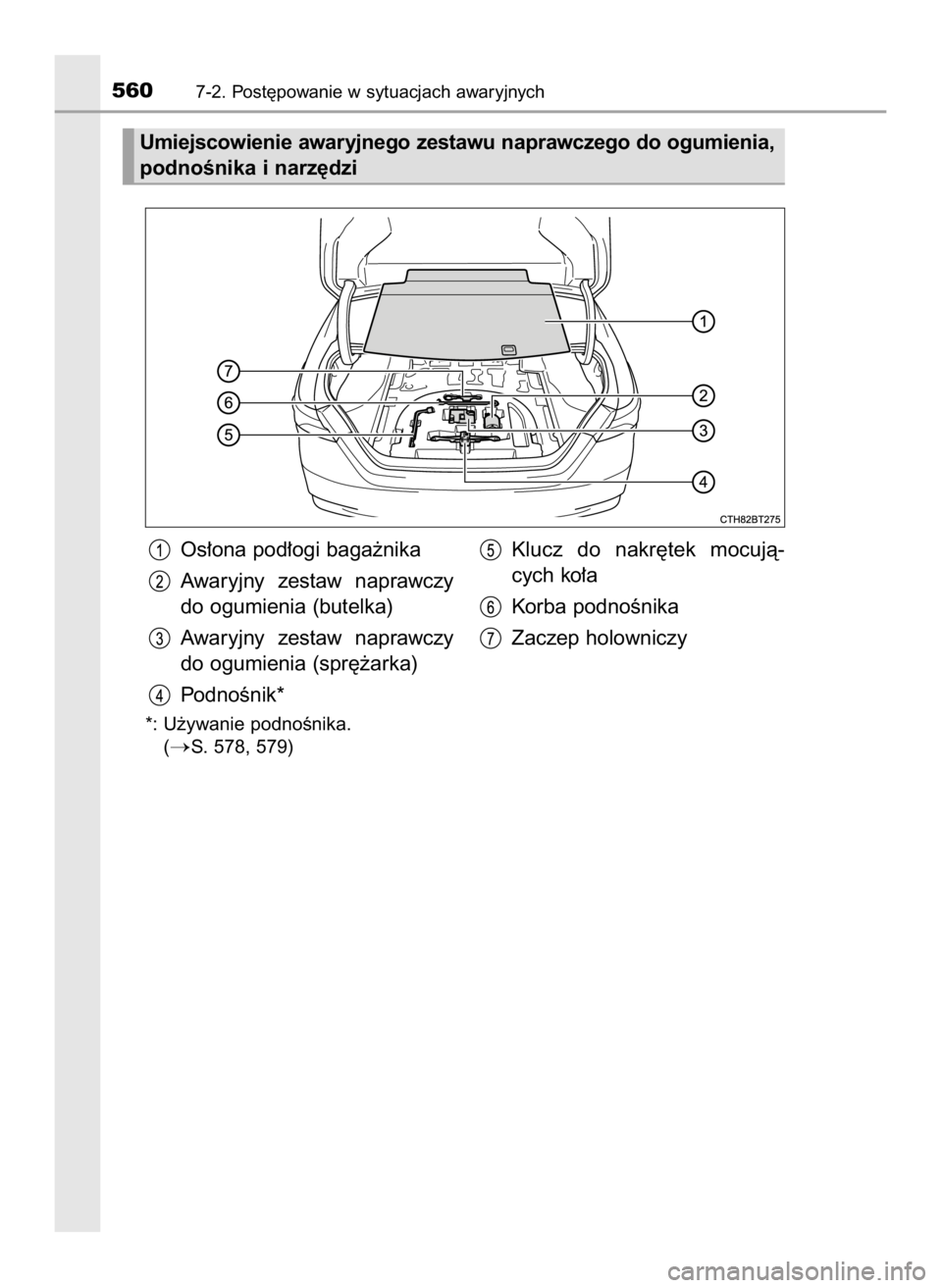 TOYOTA CAMRY 2019  Instrukcja obsługi (in Polish) Os∏ona pod∏ogi baga˝nika
Awaryjny  zestaw  naprawczy
do ogumienia (butelka)
Awaryjny  zestaw  naprawczy
do ogumienia (spr´˝arka)
PodnoÊnik*
*: U˝ywanie podnoÊnika. 
(
S. 578, 579)
Klucz  do