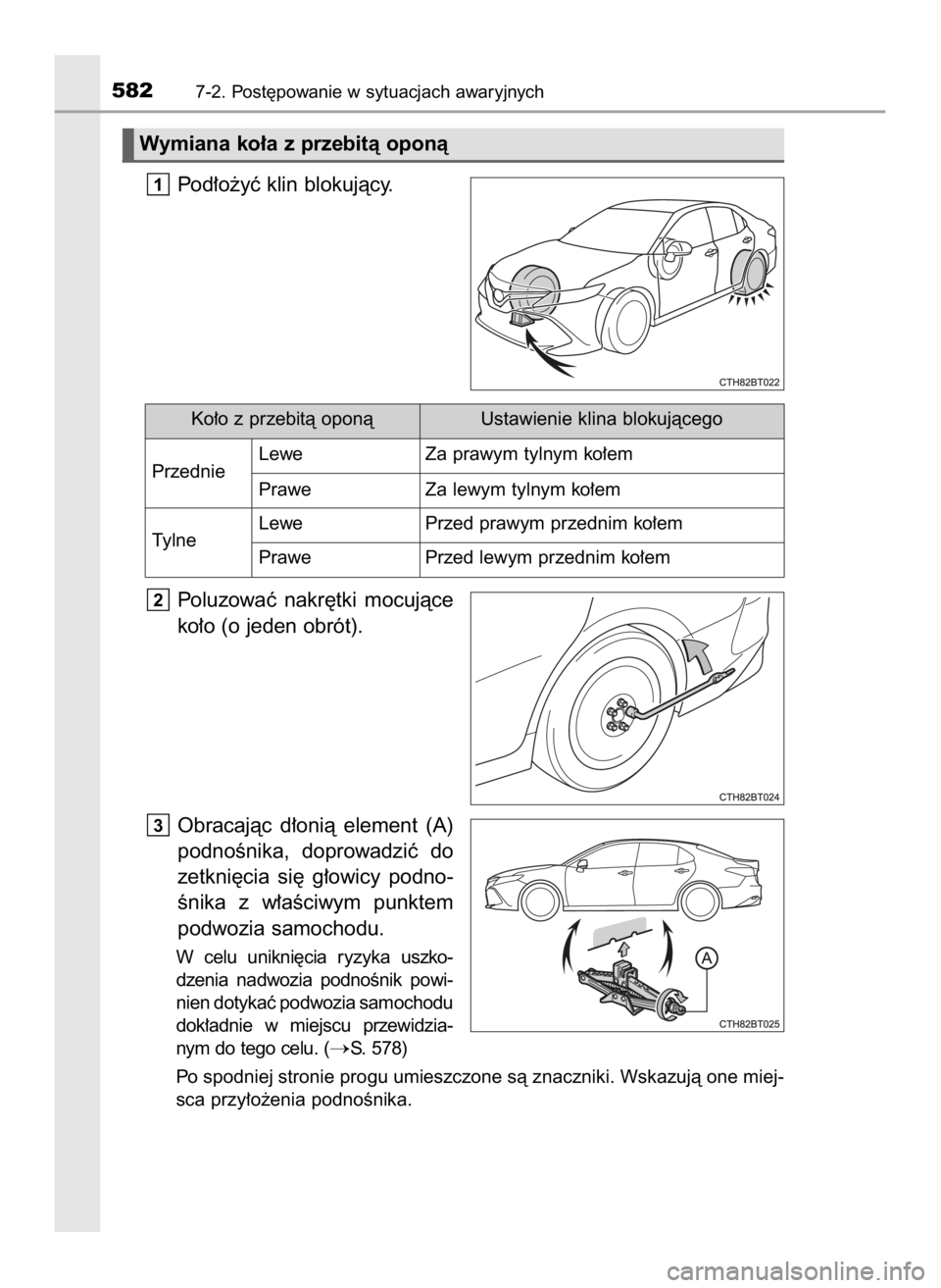 TOYOTA CAMRY 2019  Instrukcja obsługi (in Polish) Pod∏o˝yç klin blokujàcy.
Poluzowaç  nakr´tki  mocujàce
ko∏o (o jeden obrót).
Obracajàc  d∏onià  element  (A)
podnoÊnika,  doprowadziç  do
zetkni´cia  si´  g∏owicy  podno-
Ênika  