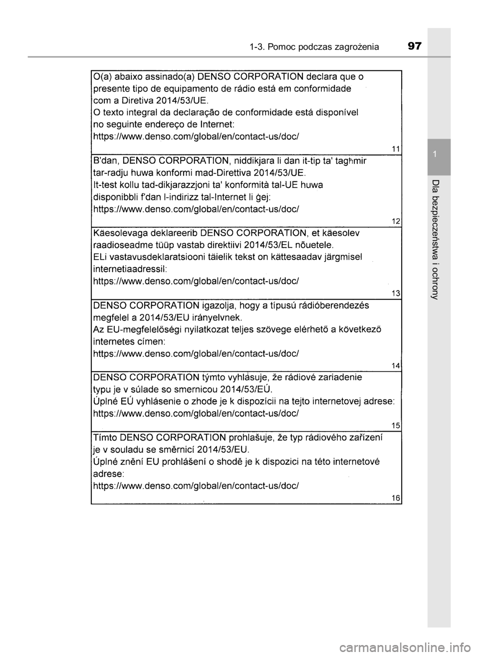 TOYOTA CAMRY 2019  Instrukcja obsługi (in Polish) 1-3. Pomoc podczas zagro˝enia97
1
Dla bezpieczeƒstwa i ochrony
16 Camry HV OM33E11E +  3/11/20  8:33 AM  Page 97    (Black plate) 