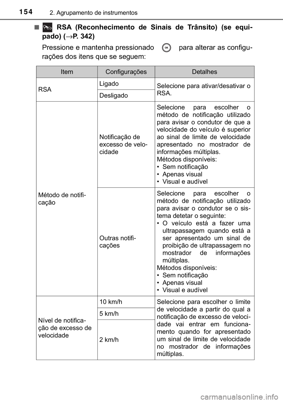 TOYOTA CAMRY 2019  Manual de utilização (in Portuguese) 154����$�J�U�X�S�D�P�H�Q�W�R��G�H��L�Q�V�W�U�X�P�H�Q�W�R�V
■� �5�6�$� ��5�H�F�R�Q�K�H�F�L�P�H�Q�W�R� �G�H� �6�L�Q�D�L�V� �G�H� �7�U�k�Q�V�L�W�R�� ��V�H� �H�T�X�L-
�S�D�G�R���→�3
