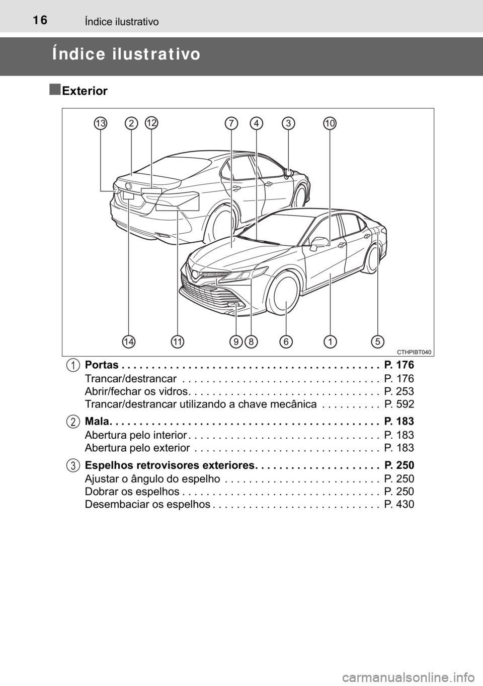 TOYOTA CAMRY 2019  Manual de utilização (in Portuguese) 16�Ë�Q�G�L�F�H��L�O�X�V�W�U�D�W�L�Y�R
Índice ilustrativo
■
�(�[�W�H�U�L�R�U
�3�R�U�W�D�V �����������������������������������������������������