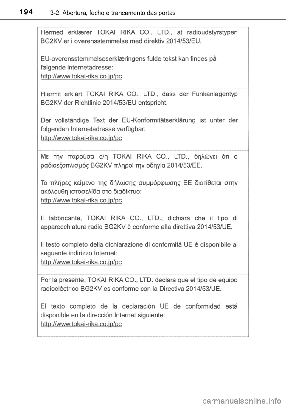 TOYOTA CAMRY 2019  Manual de utilização (in Portuguese) 194������$�E�H�U�W�X�U�D���I�H�F�K�R��H��W�U�D�Q�F�D�P�H�Q�W�R��G�D�V��S�R�U�W�D�V 