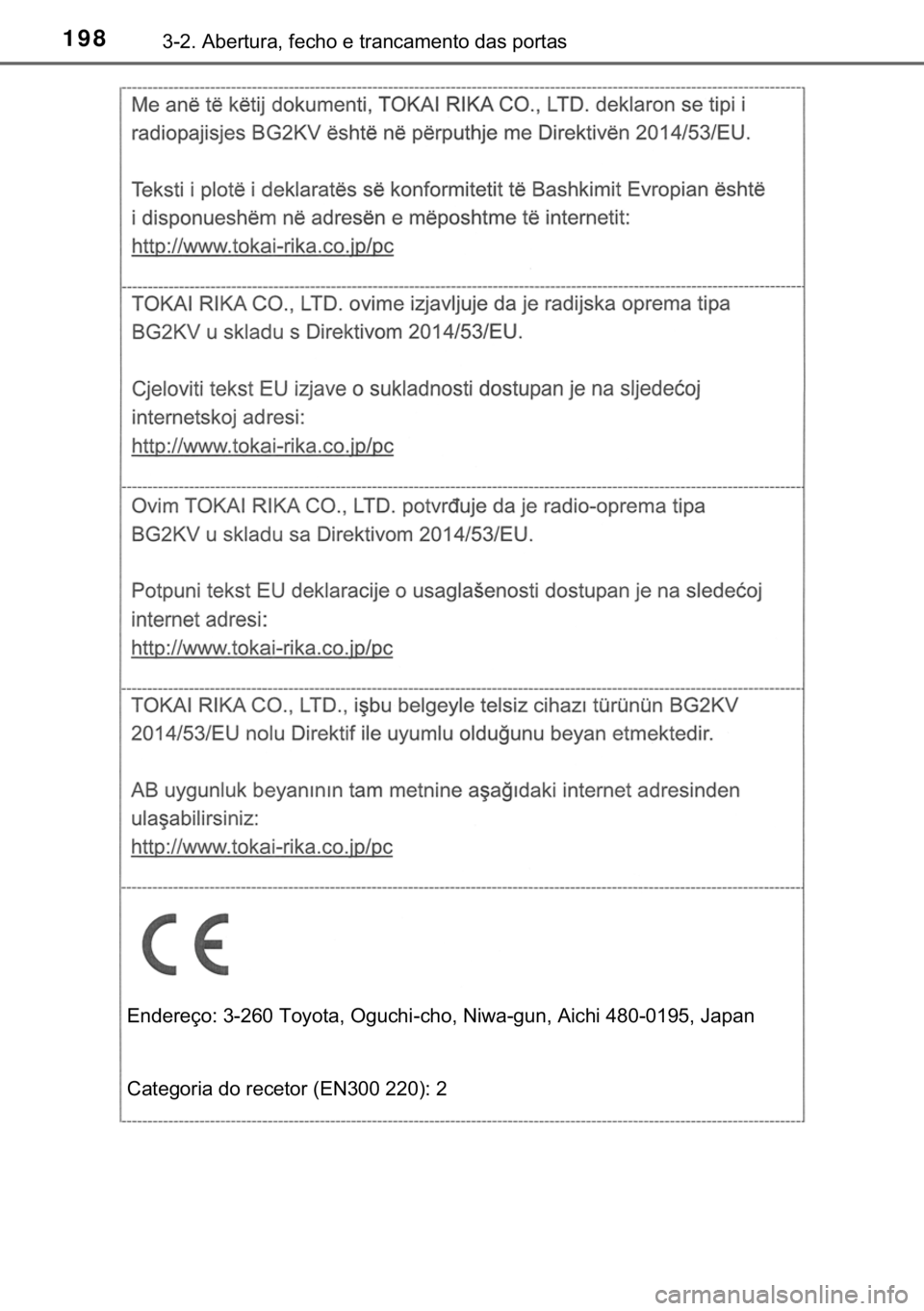 TOYOTA CAMRY 2019  Manual de utilização (in Portuguese) 198������$�E�H�U�W�X�U�D���I�H�F�K�R��H��W�U�D�Q�F�D�P�H�Q�W�R��G�D�V��S�R�U�W�D�V
�(�Q�G�H�U�H�o�R���������7�R�\�R�W�D���2�J�X�F�K�L��F�K�R���1�L�Z�D��J�X�Q���$�L�F�K�L��