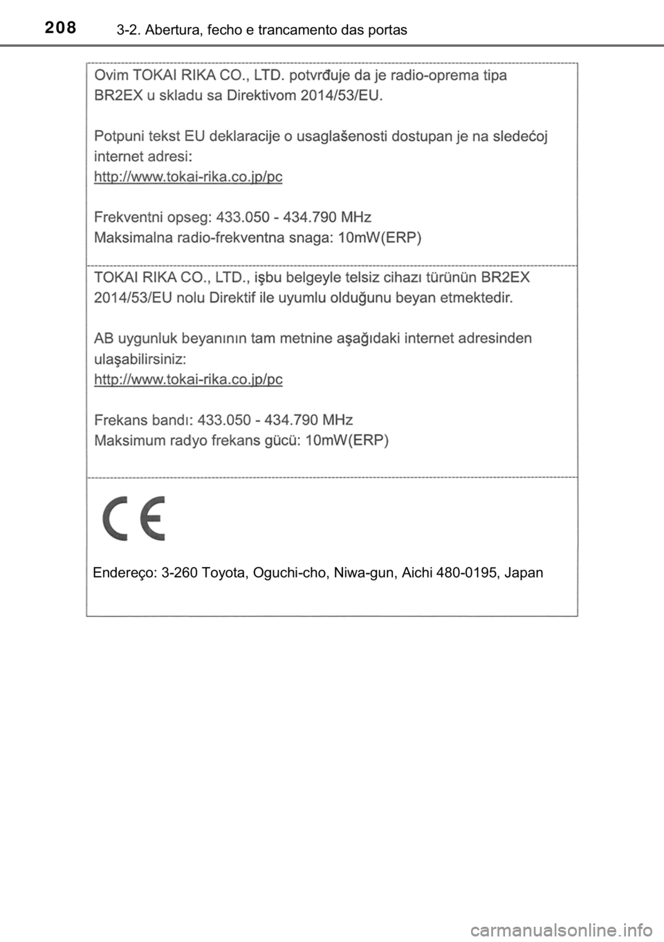 TOYOTA CAMRY 2019  Manual de utilização (in Portuguese) 208������$�E�H�U�W�X�U�D���I�H�F�K�R��H��W�U�D�Q�F�D�P�H�Q�W�R��G�D�V��S�R�U�W�D�V
�(�Q�G�H�U�H�o�R���������7�R�\�R�W�D���2�J�X�F�K�L��F�K�R���1�L�Z�D��J�X�Q���$�L�F�K�L��