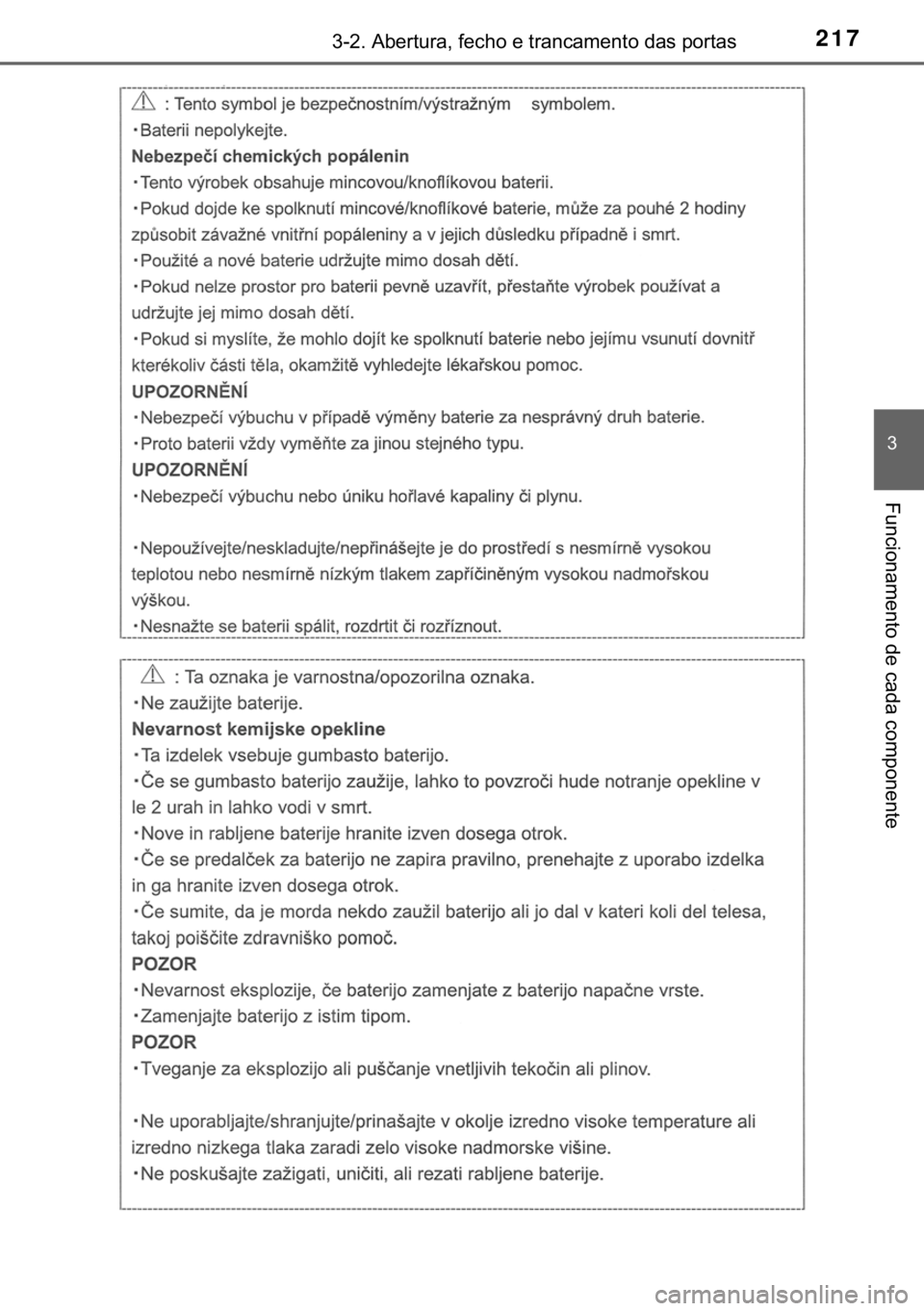 TOYOTA CAMRY 2019  Manual de utilização (in Portuguese) 217������$�E�H�U�W�X�U�D���I�H�F�K�R��H��W�U�D�Q�F�D�P�H�Q�W�R��G�D�V��S�R�U�W�D�V
�
�)�X�Q�F�L�R�Q�D�P�H�Q�W�R��G�H��F�D�G�D��F�R�P�S�R�Q�H�Q�W�H 